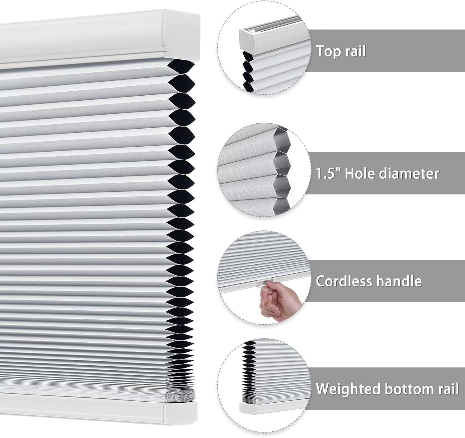 Cordless cellular shades, blackout room darkening black out honeycomb blinds for indoor windows bedroom, pull down pleated accordion blind easy install, shade size 34" Wx72 H, White - view 3