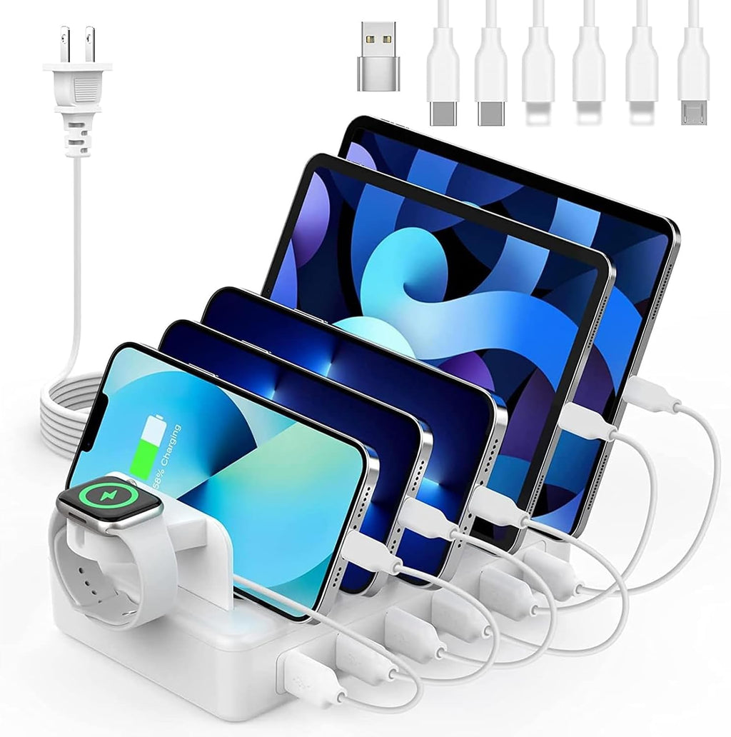 Charging station for multiple devices, 50W 6 ports charging dock with stand | 6 cables, compatible with cellphone, tablet, Kindle, Apple watch and other electronic, 1 USB-A to USB-C adapter converter