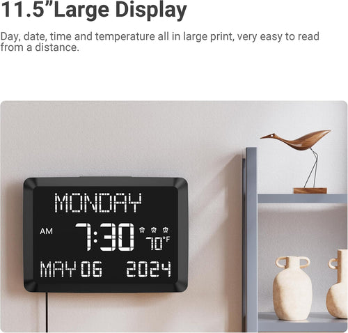 11.5-inch large digital wall clock with date and day | tabletop or wall clock for seniors with alarm, battery backup, 5-level dimmer, dual USB, indoor temperature and 12/24H - view 2