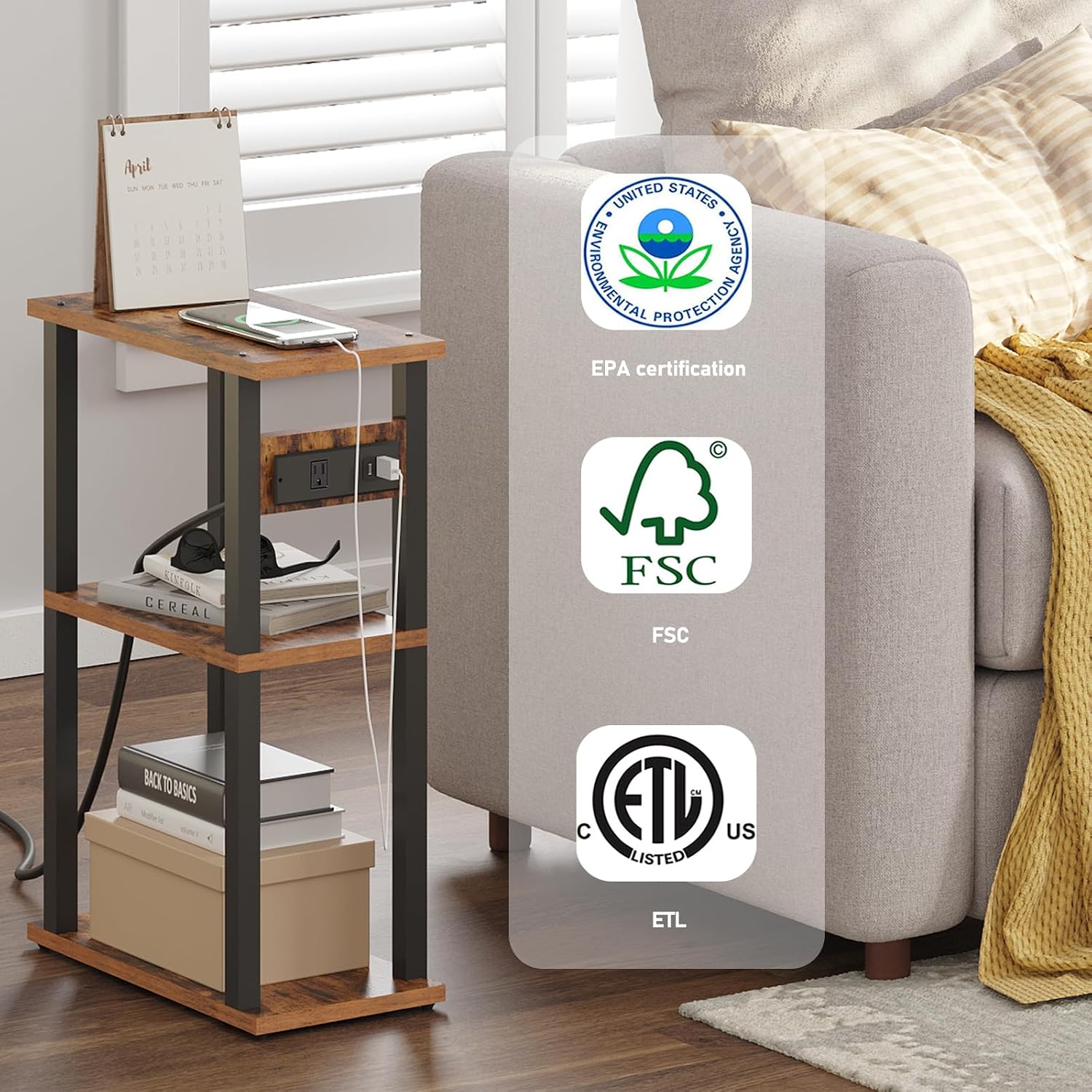 Small Narrow Side Table with Charging Station, Skinny End Table | for Small Spaces, Slim Nightstand with USB Ports and Outlet, Sofa Beside Table with Wheels, Brown TB01BB046 - view 5