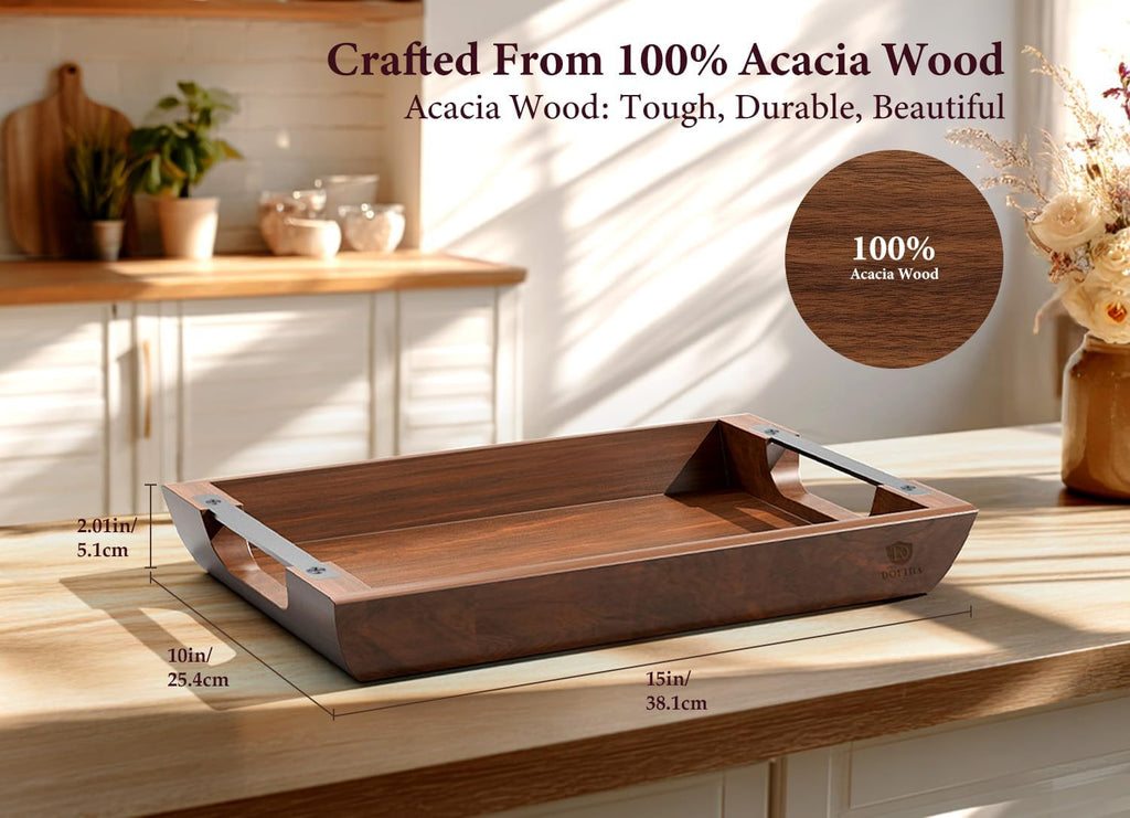 Acacia wood serving tray, 15×10in tray for ottoman, space-saving | coffee tray with metal handles, rustic wooden breakfast and drink tray, perfect for sofa arms, bedside tables, or office desk - view 3