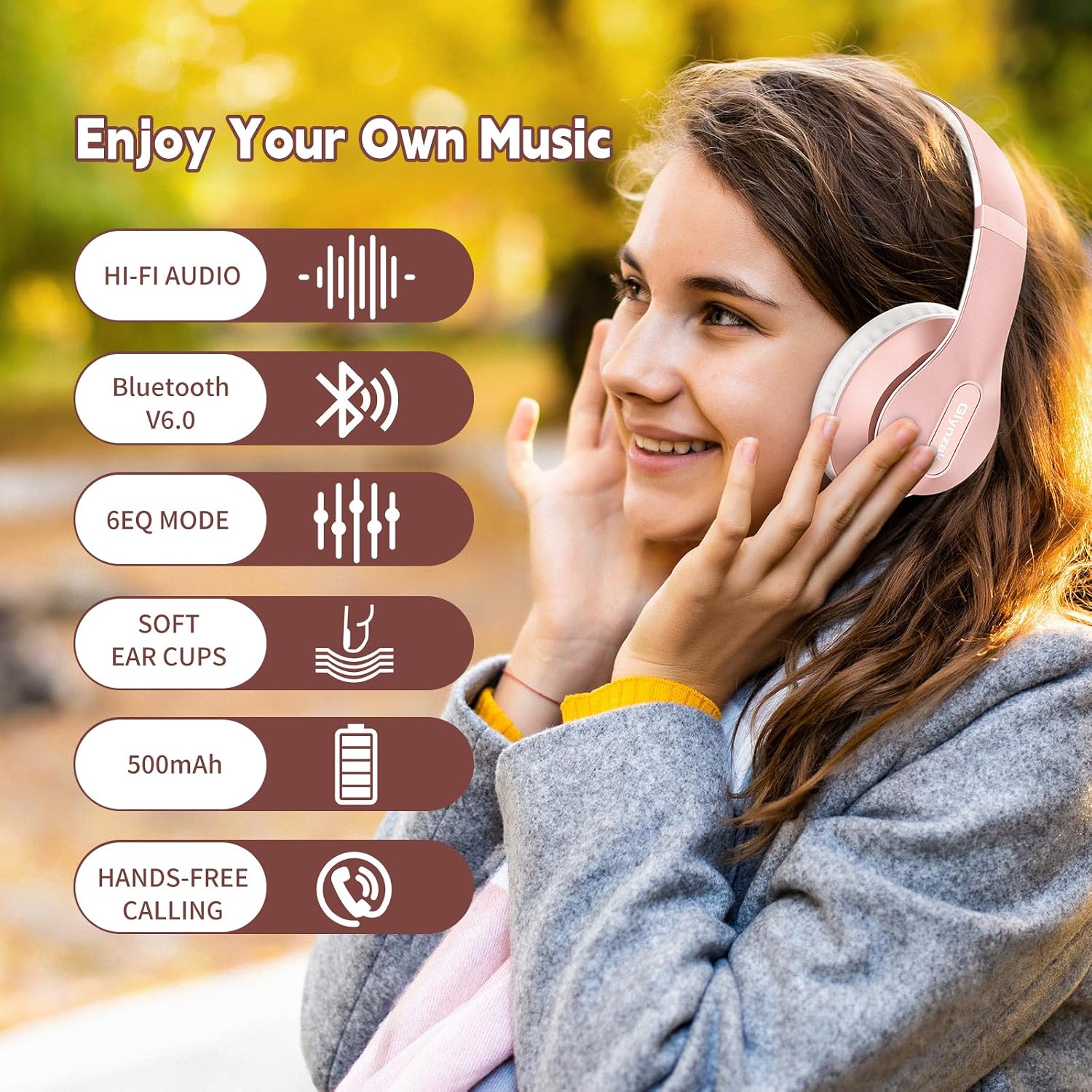 Wireless Bluetooth headphones over ear 65H playtime HiFi stereo headset with microphone and 6EQ modes foldable Bluetooth V6.0 headphones for travel smartphone computer laptop rose gold - view 6