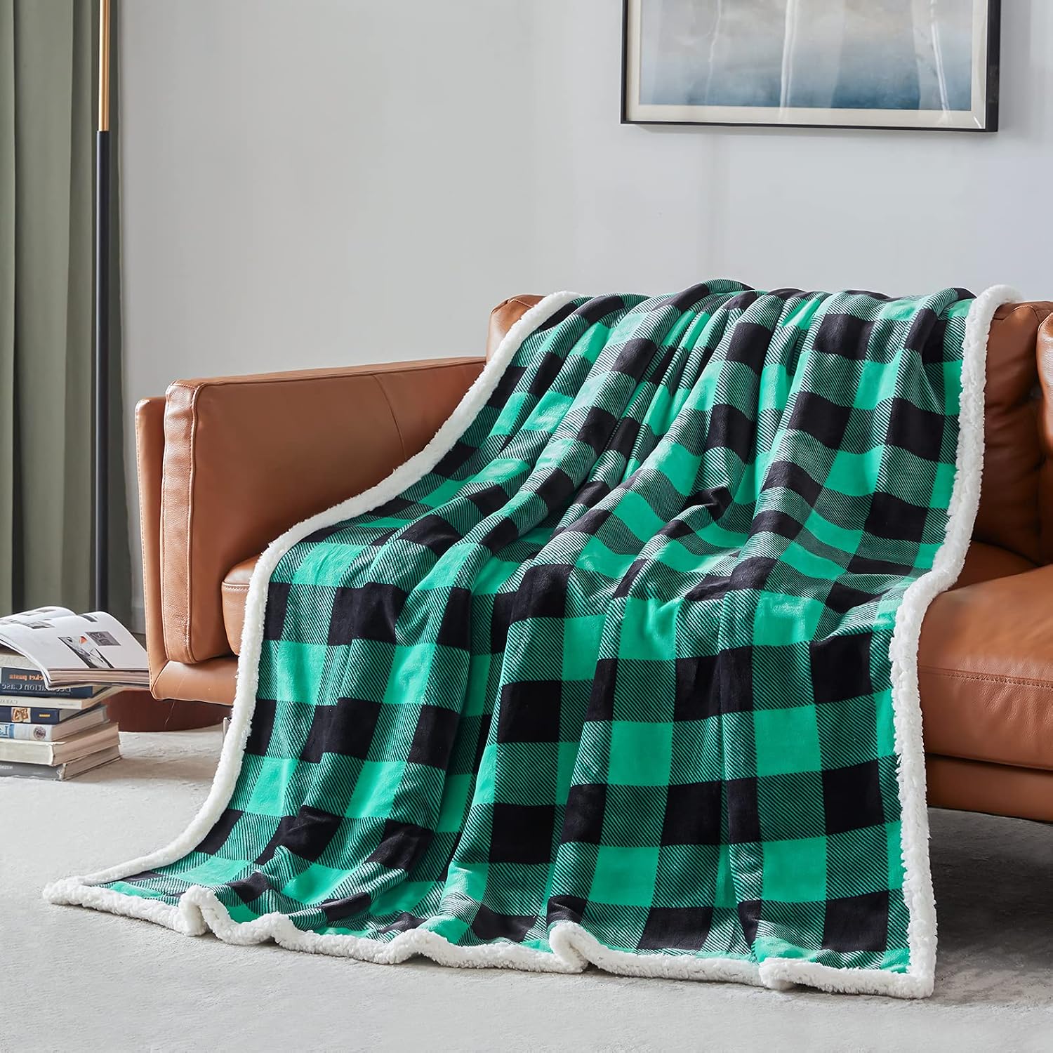 Sherpa green and black buffalo plaid christmas twin blanket 60" x 70", fuzzy fluffy soft cozy blanket, fleece flannel plush microfiber blanket for couch bed sofa (green and black) - view 2