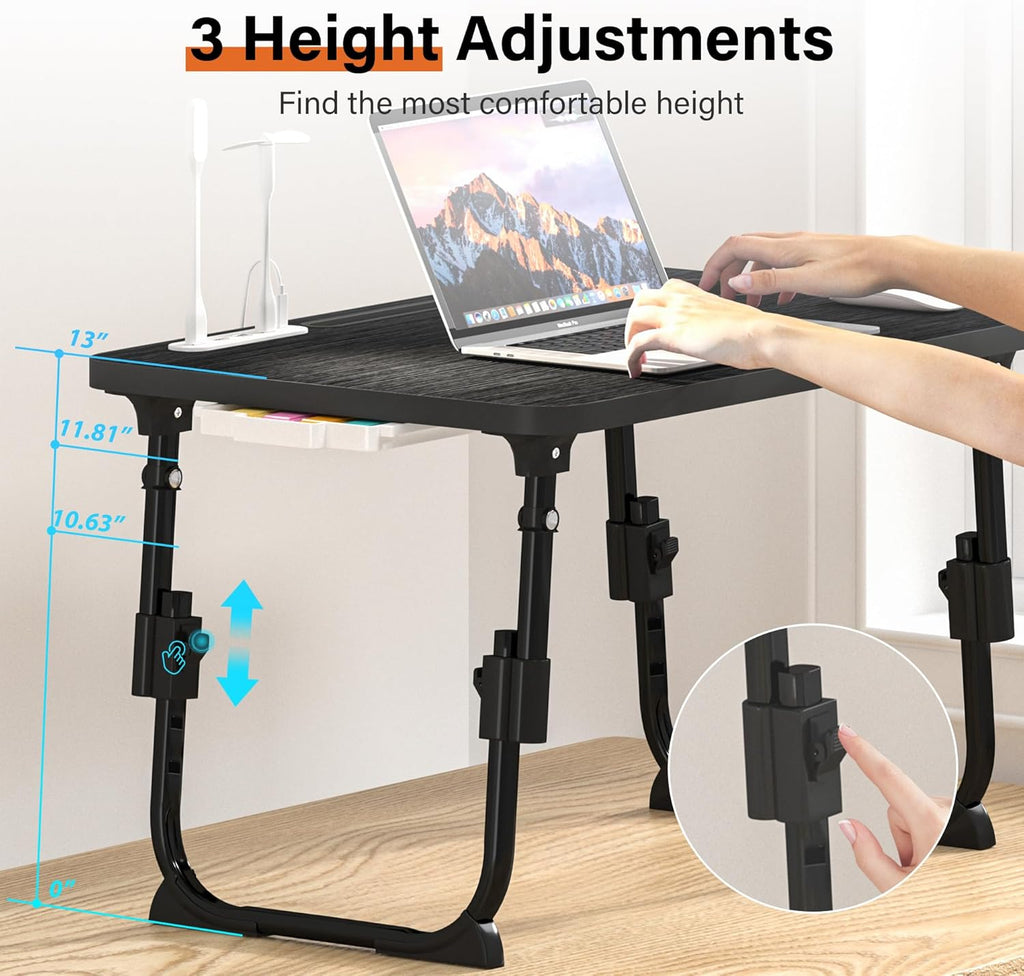 Lap desk for bed adjustable height with USB port 23.6" x15.7" desktop storage drawer, bookshelf, fits 17" laptop, for couch WFH study, foldable non-slip no assembly sturdy lightweight black - view 2