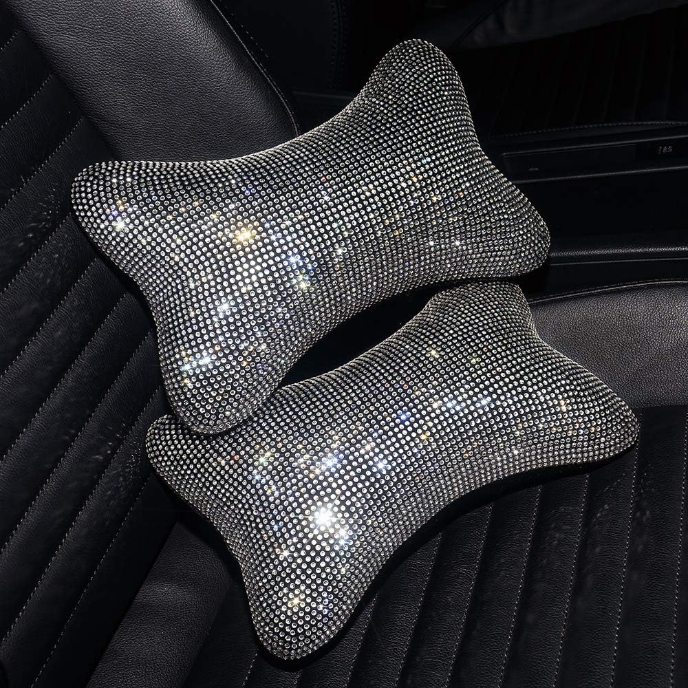 2 pack car neck pillow for driving seat auto headrest cushion head rest neck support relax crystal rhinestone diamond interior bling accessories for women girly comfortable white. - view 2