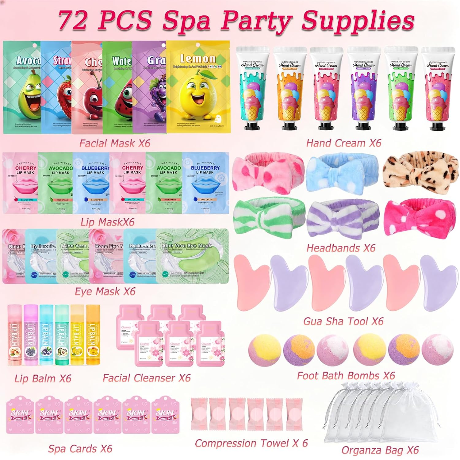 72 PCS spa party supplies for girls, spa party favors include face masks skincare, lip balm, under eye patches, foot bath bomb, spa headband, sleepover party supplies spa birthday kit for women - view 2