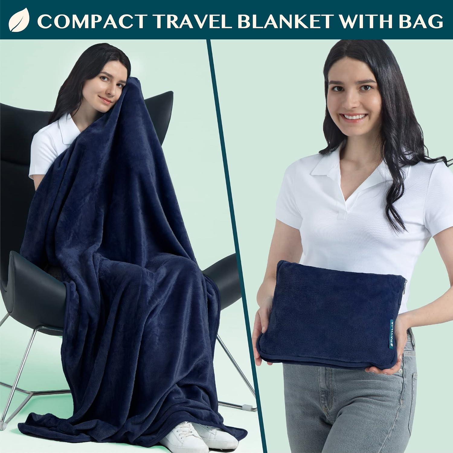 Travel Blanket Pillow, Soft Airplane Blanket 2-IN-1 Combo Set, Plane Blanket Compact Packable, Flight Essentials Car Pillow, Travelers Gifts Accessories Luggage Backpack Strap, 60x43 Navy Blue - view 2