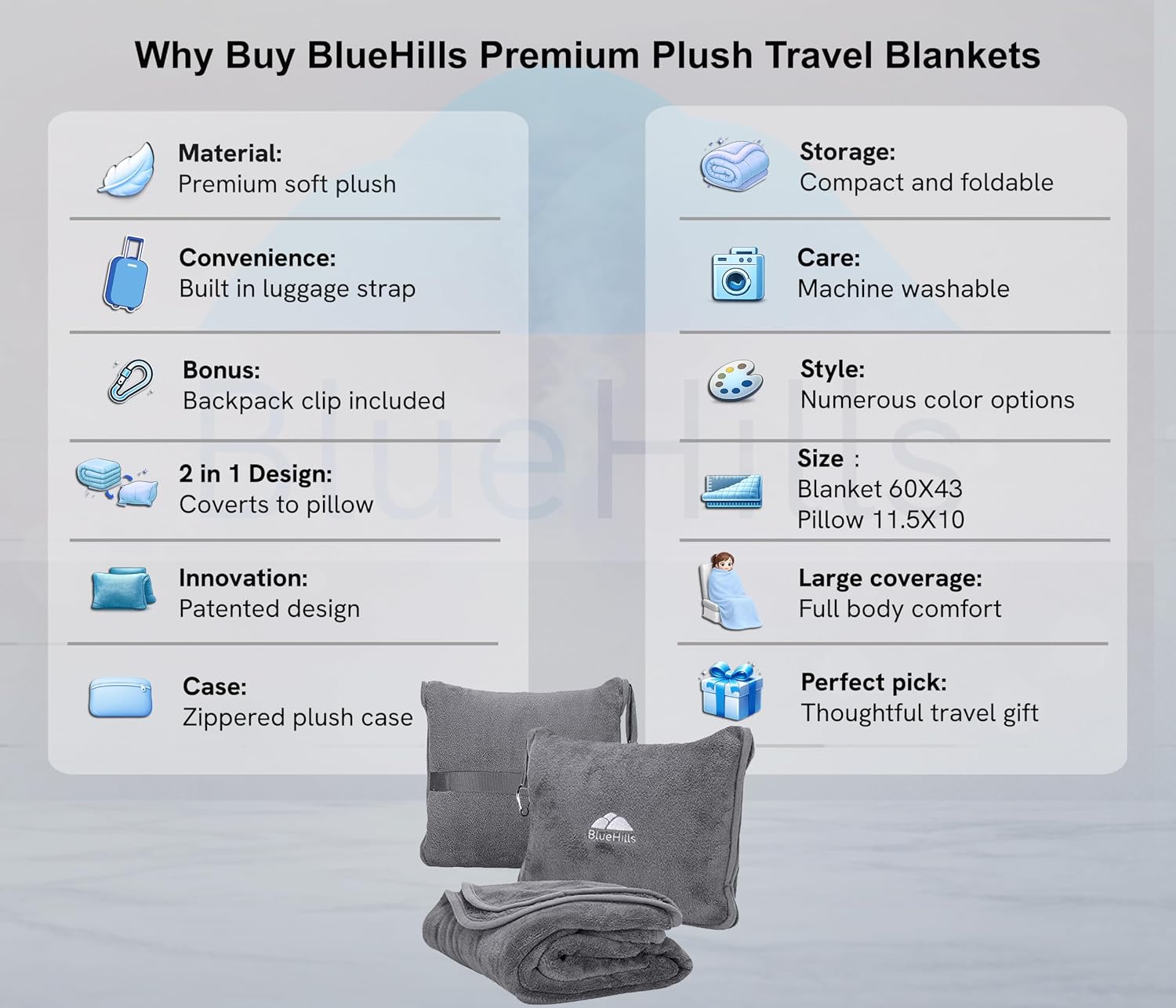 Premium Soft Travel Blanket Pillow 2-in-1 Airplane Warm - Gray | 2 in 1 Airplane Blanket Pillow, Hand Luggage Strap & Backpack Clip, Lightweight & Compact, Must Have Essential Travel Gifts - view 2