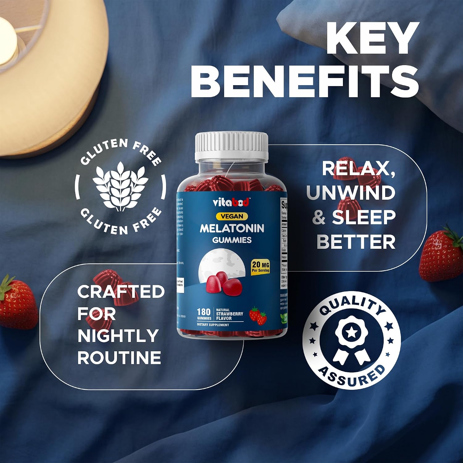 Melatonin 20mg Gummies - 180 Count - Drug Free - Natural Strawberry Flavor - Vegetarian, Non-GMO, Gluten Free (3 Bottles) - view 5