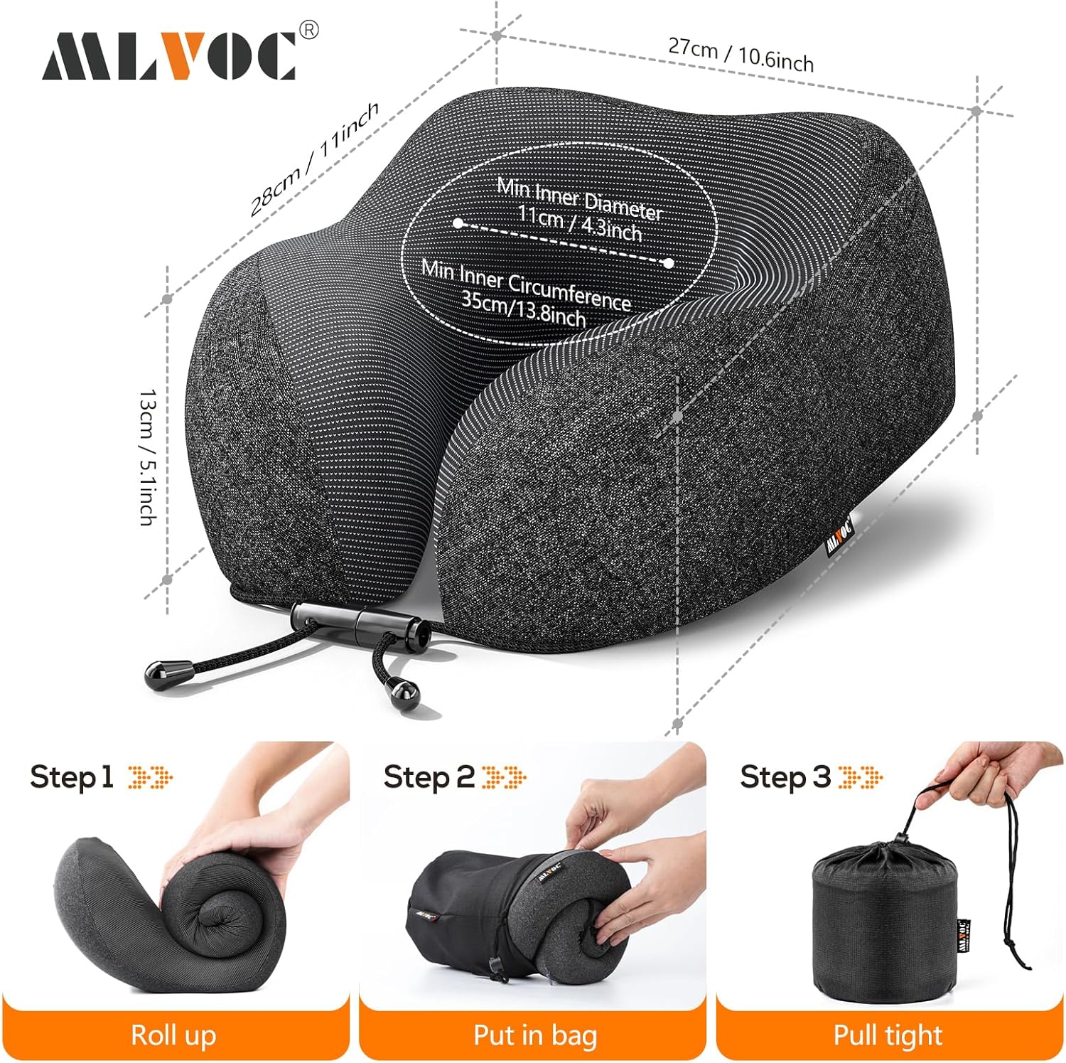 Airplane travel neck pillow for sleeping, 3D-eye mask & earplugs kit | 3-in-1 travel kit, eye mask + earplugs, curved neck & chin support, rope lock fit, memory foam keeps it's shape - view 7