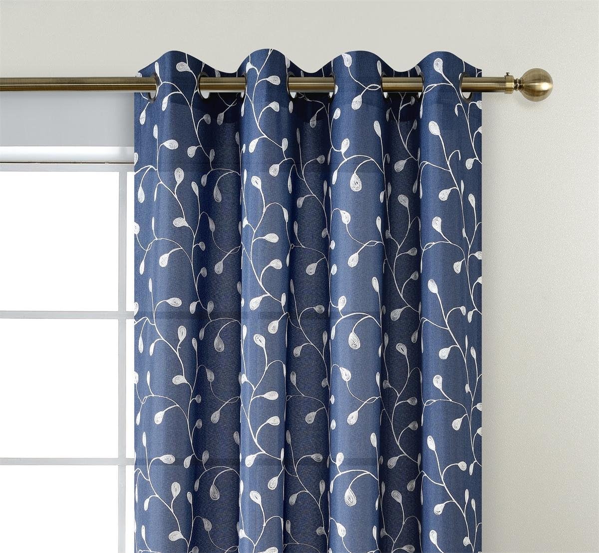 Floral embroidered semi sheer curtains faux linen grommet curtains for bedroom 52 x 84 inch 2 panels, navy blue - view 3