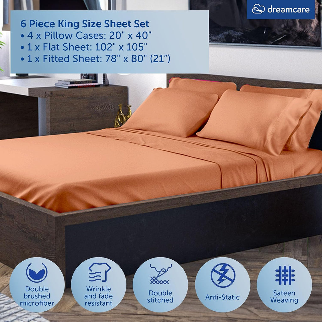 King Size Sheets Set - 6 pcs Breathable Cooling Bed Sheets -up to 21" Extra Deep Pocket King Sheet Set with Side Pockets Extra Soft 100% Brushed Hypoallergenic Hotel Luxury Bedding Terracota | up to 21" Extra Deep Pocket King Sheet Set with Side Pockets - - view 6