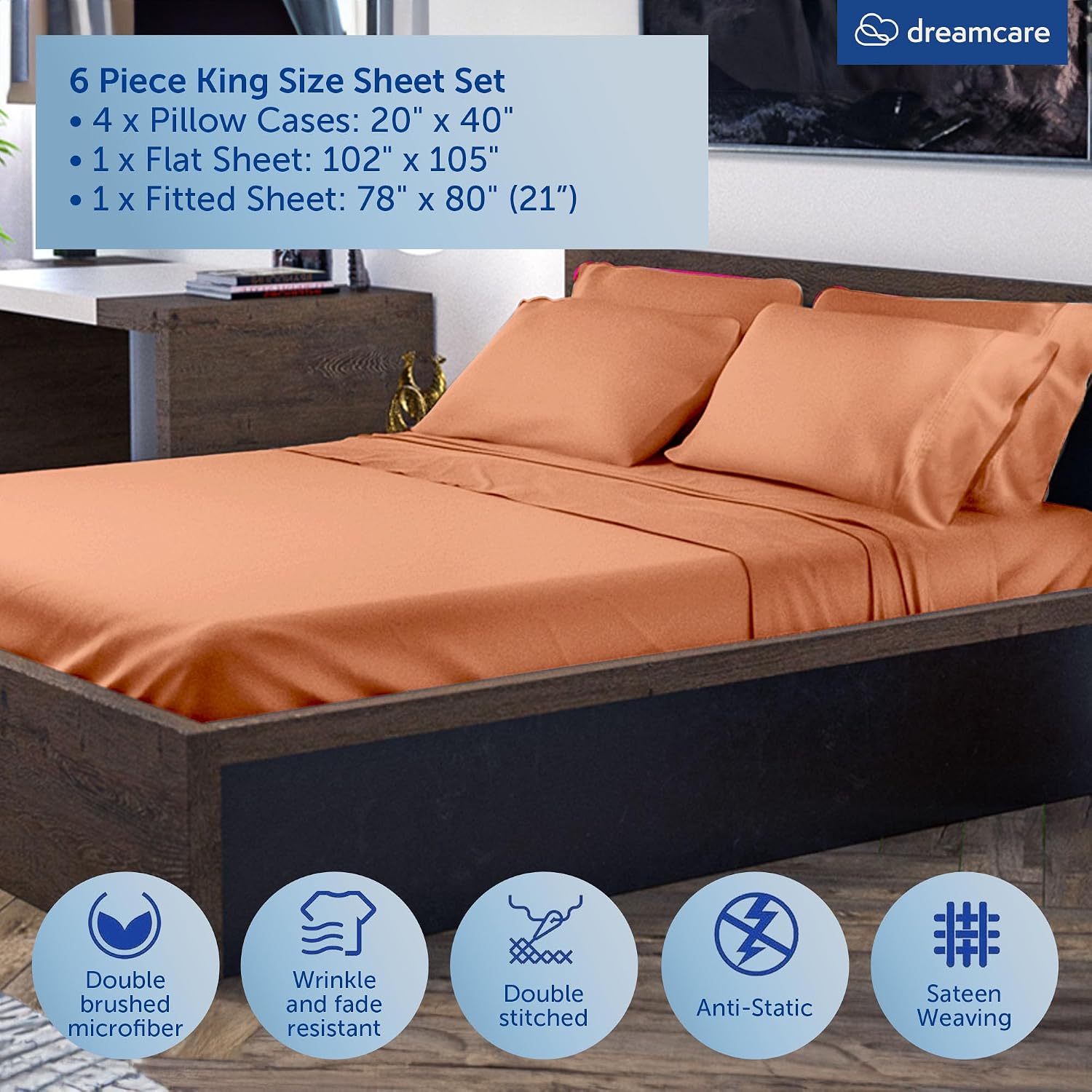 King Size Sheets Set - 6 pcs Breathable Cooling Bed Sheets -up to 21" Extra Deep Pocket King Sheet Set with Side Pockets Extra Soft 100% Brushed Hypoallergenic Hotel Luxury Bedding Terracota | up to 21" Extra Deep Pocket King Sheet Set with Side Pockets - - view 6