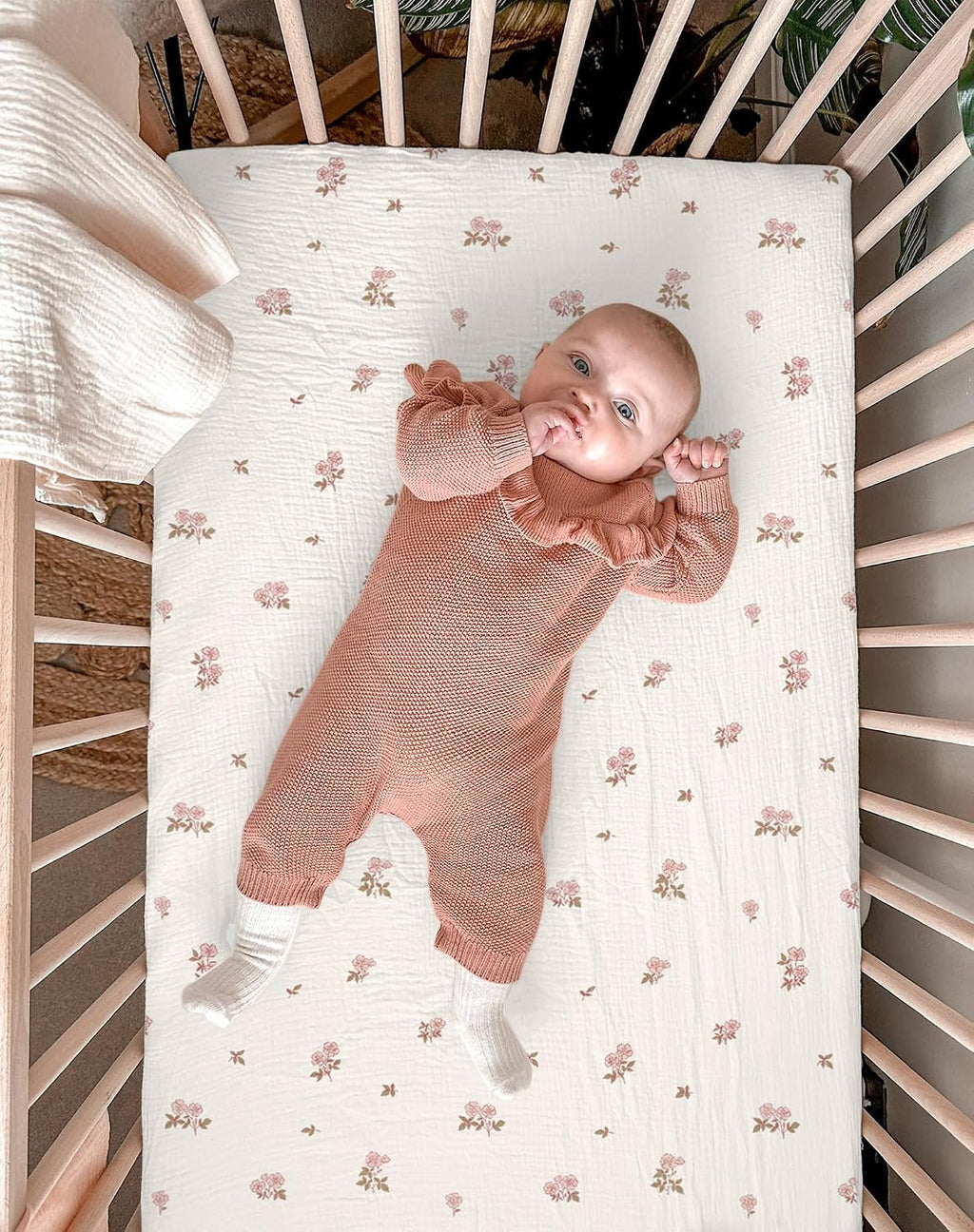Pack and play sheets 2 pack, muslin cotton nursery bedding, 27" x 39", soft breathable muslin cotton, fits pack n play mattress, for baby boys and girls, vintage blossom & pink - view 5