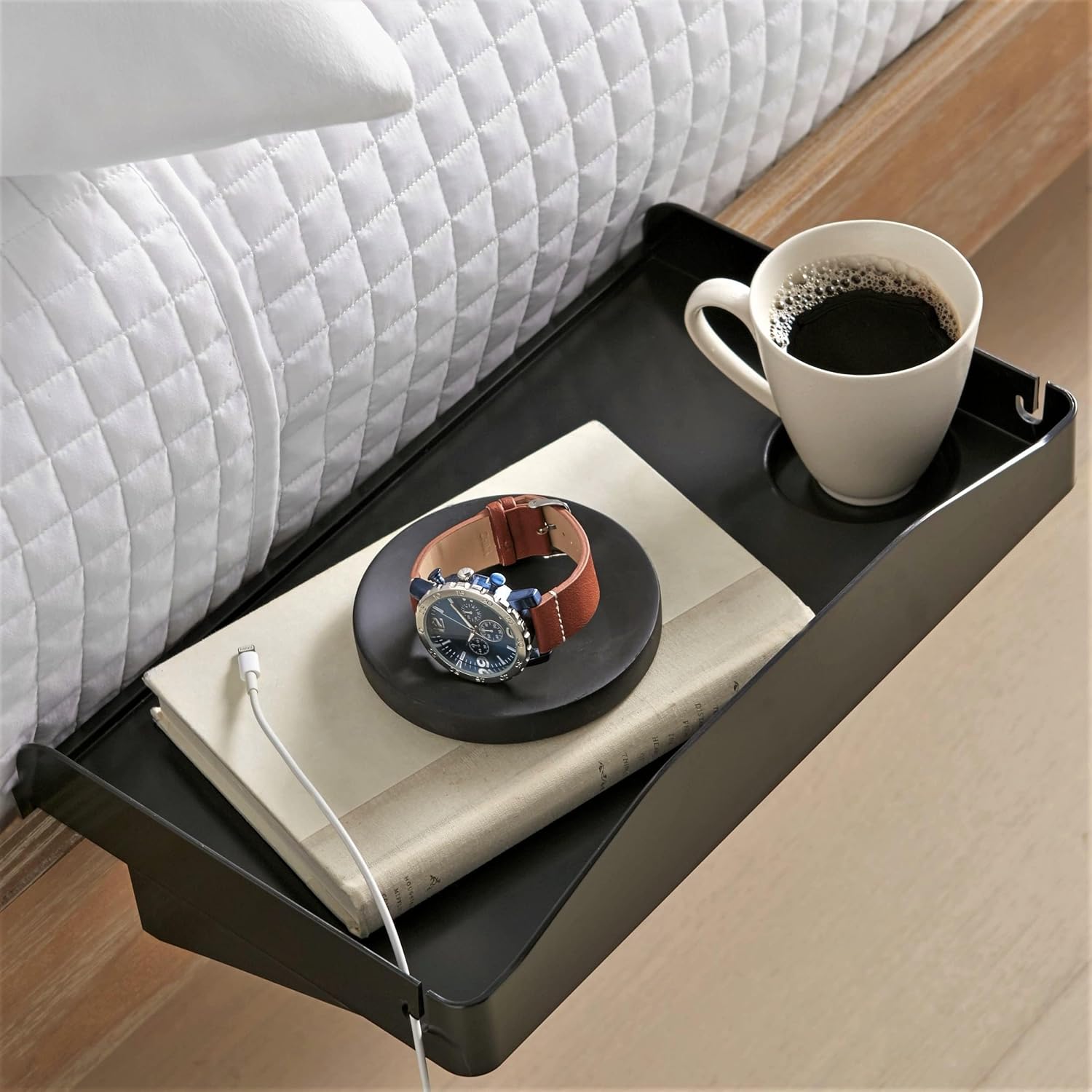 Bedside Shelf for Bed, College Dorm Room, Bunk Bed Shelf/Caddy for Top Bunk, Clip On Nightstand Tray with Cord and Cup Holder for Table Storage (White)