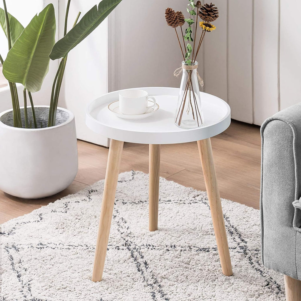 Round Side Table, White Tray Nightstand Coffee End Table for Living Room, Bedroom, Small Spaces, Easy Assembly Bedside Table, 15 x 18 Inches