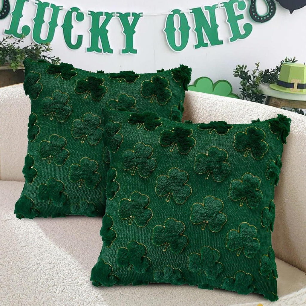 St Patricks Day Decorations Pillow Covers 18x18 inch Set of 2 Home Decor | Shamrock Shaped Pattern Faux Fur Soft Plush Home Decor St Patricks Pillow Case for Indoor Outdoor Sofa Bedroom Living Room