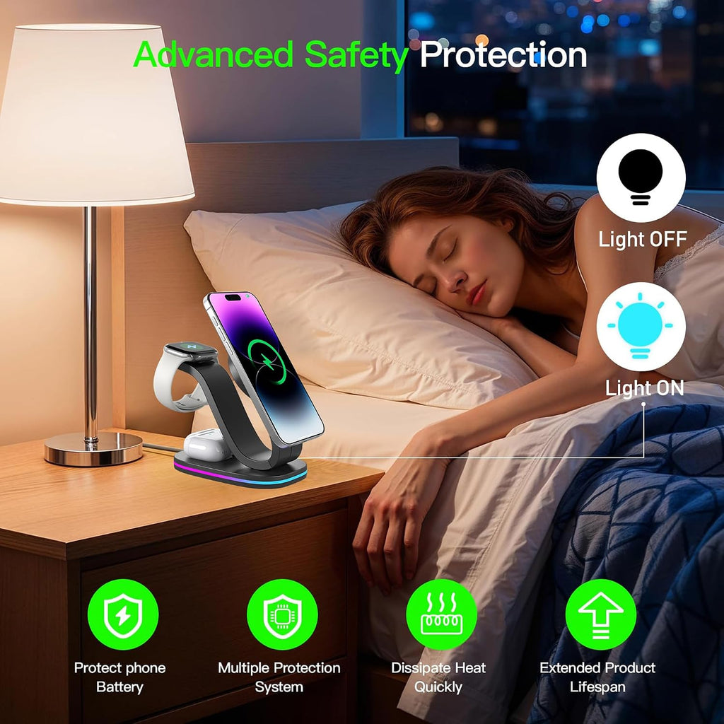 Wireless charger 3 in 1 for iPhone, magnetic charging station for Apple family with adjustable multicolor ambient light, 15W fast MagSafe charger stand, for iPhone17-12-iWatch AirPods series - view 6