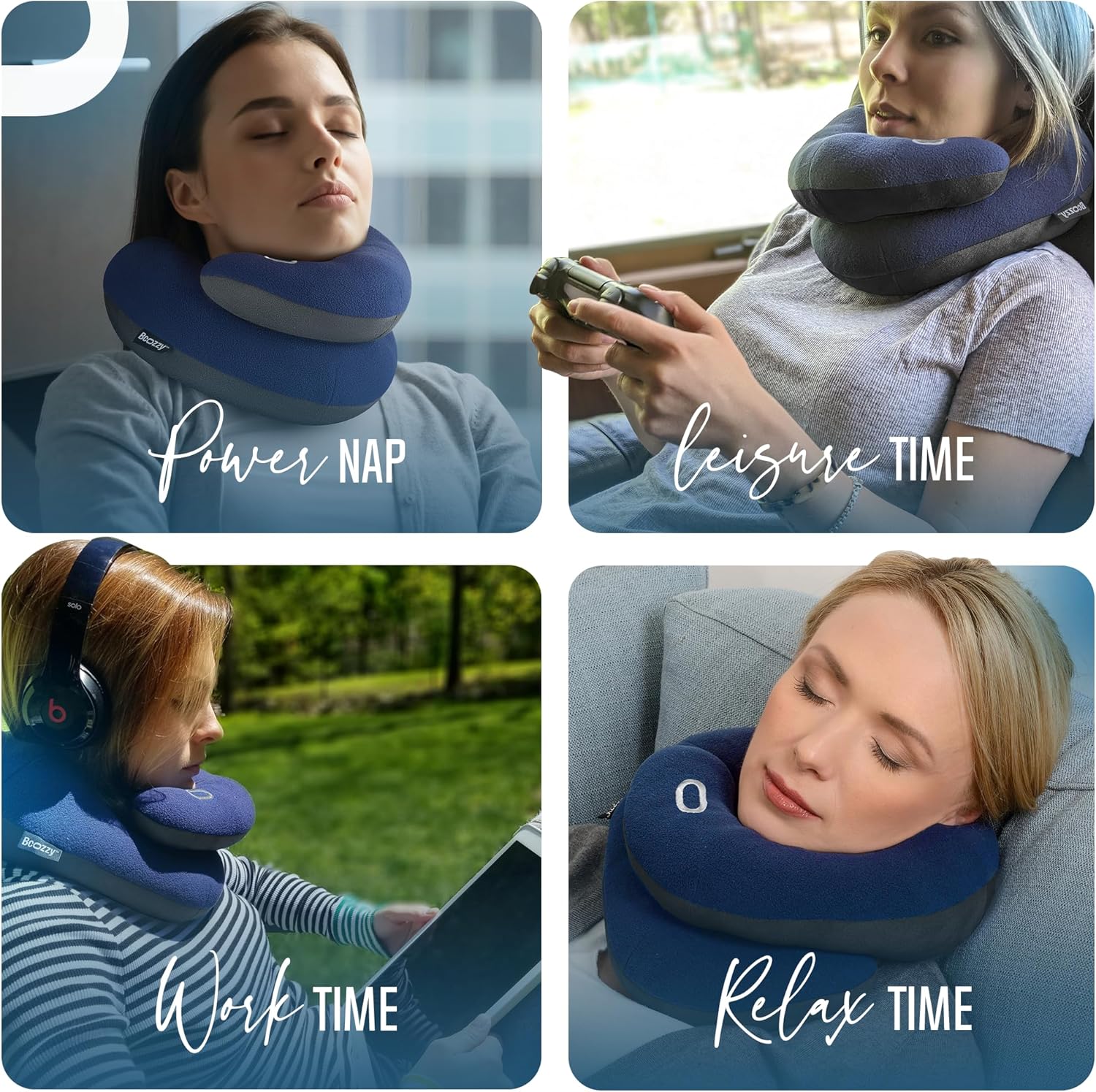Travel neck pillow for airplane – patented double support for head, neck, and chin. Best for long flights, plane sleeping, and car rides. Adjustable size. Fully washable. Carry bag. Large, navy - view 7