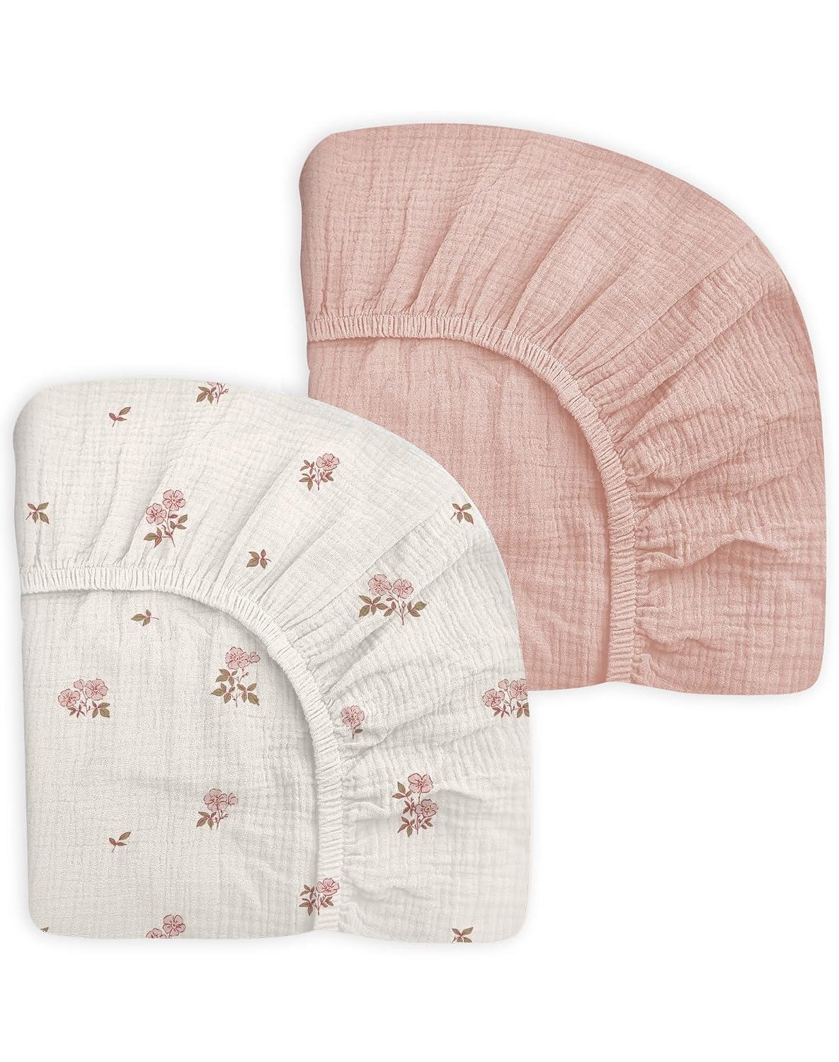 Pack and play sheets 2 pack, muslin cotton nursery bedding, 27" x 39", soft breathable muslin cotton, fits pack n play mattress, for baby boys and girls, vintage blossom & pink