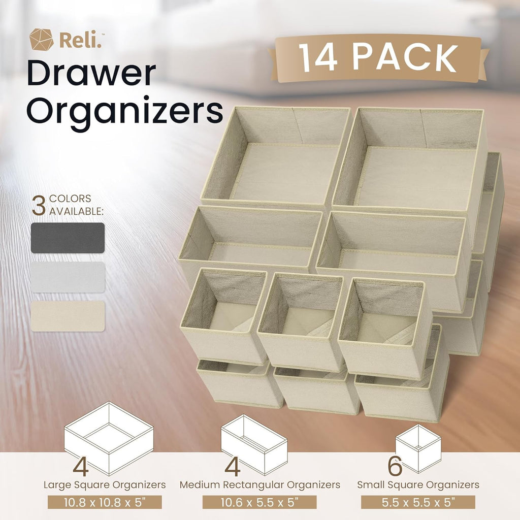 Reli. Drawer Organizers Clothes 14 Pack | Foldable Dresser Drawer Organizer | Beige Dresser Drawer Organizers | Fabric Drawer Dividers, Foldable Closet Storage Bins, Socks, Underwear, Ties, Bras, Nursery - view 2