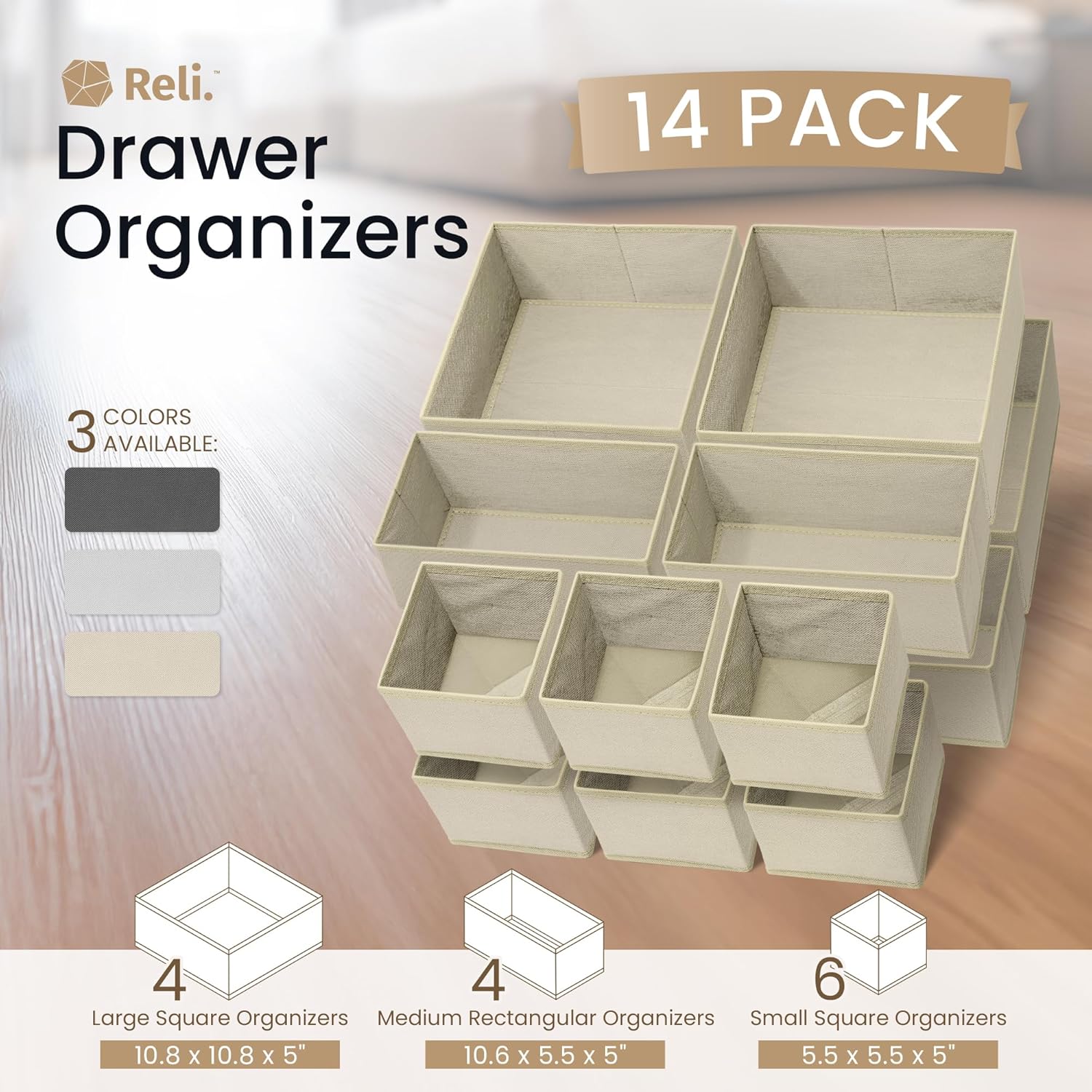 Reli. Drawer Organizers Clothes 14 Pack | Foldable Dresser Drawer Organizer | Beige Dresser Drawer Organizers | Fabric Drawer Dividers, Foldable Closet Storage Bins, Socks, Underwear, Ties, Bras, Nursery - view 2