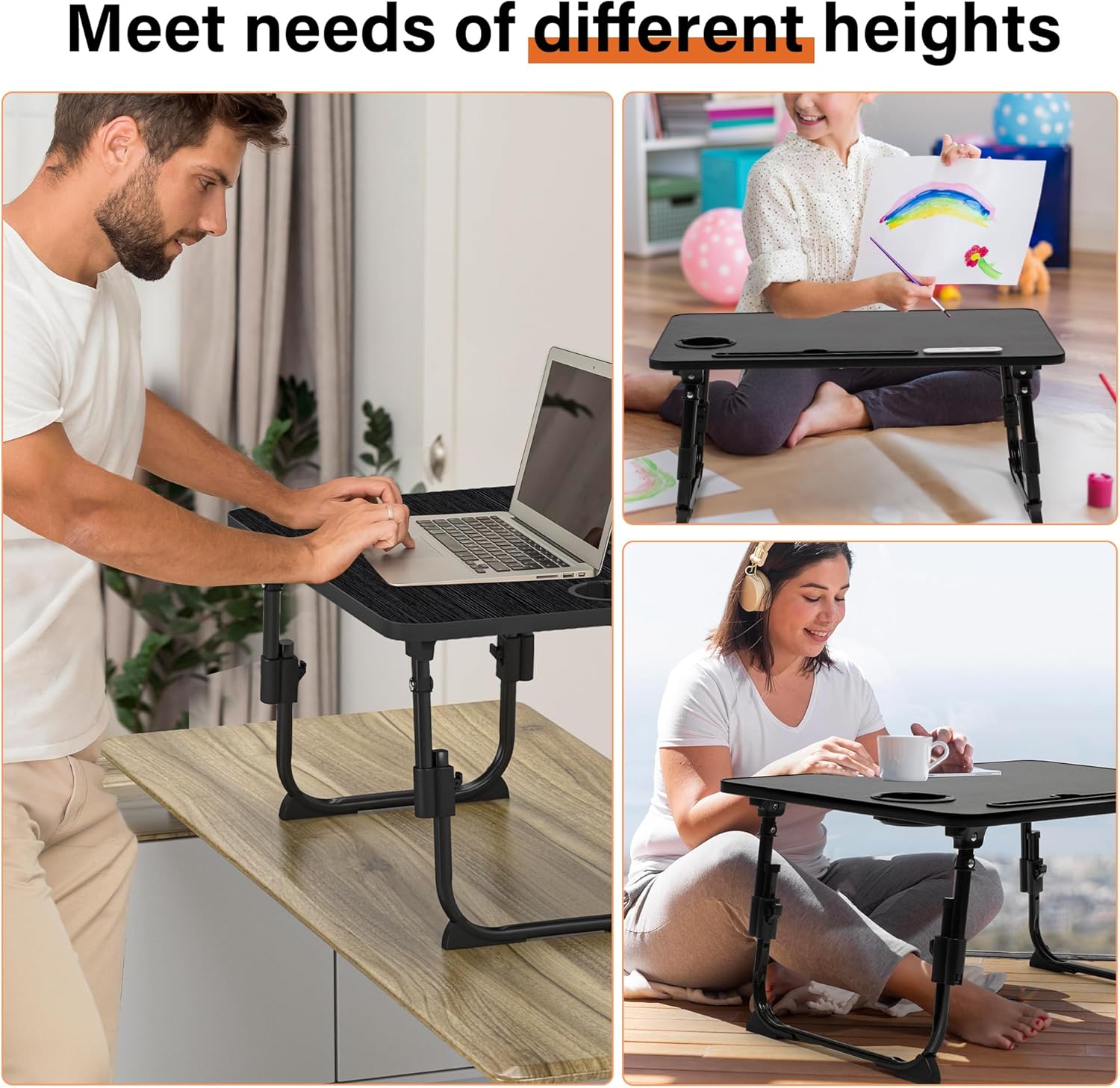 Lap desk for bed adjustable height with USB port 23.6" x15.7" desktop storage drawer, bookshelf, fits 17" laptop, for couch WFH study, foldable non-slip no assembly sturdy lightweight black - view 6