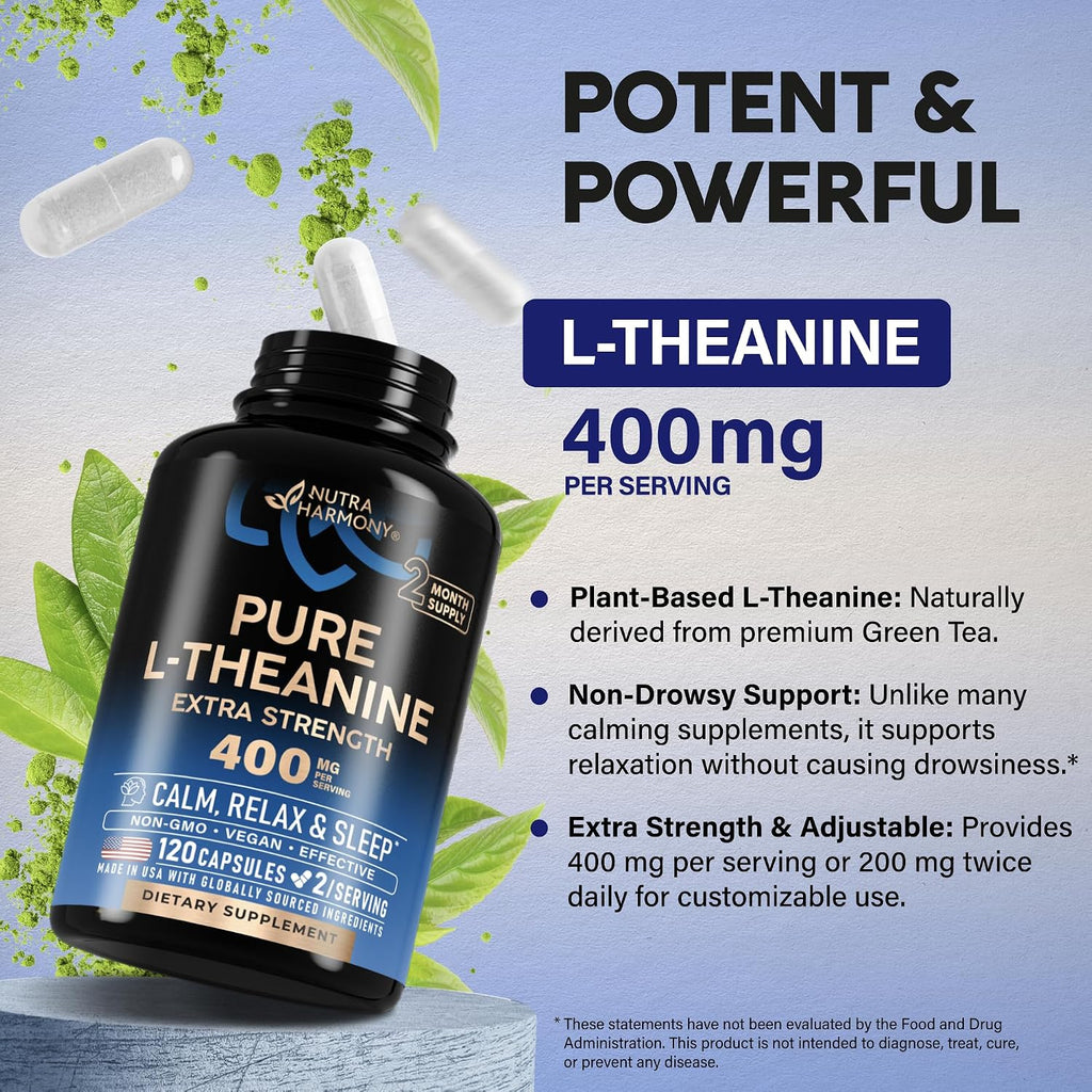 L-theanine 400 mg - L theanine for stress relief - plant based - 120 caps, extra strength L theanine supplement for men & women - relaxation, sleep & calm support - lab tested, vegan, non-GMO - view 6