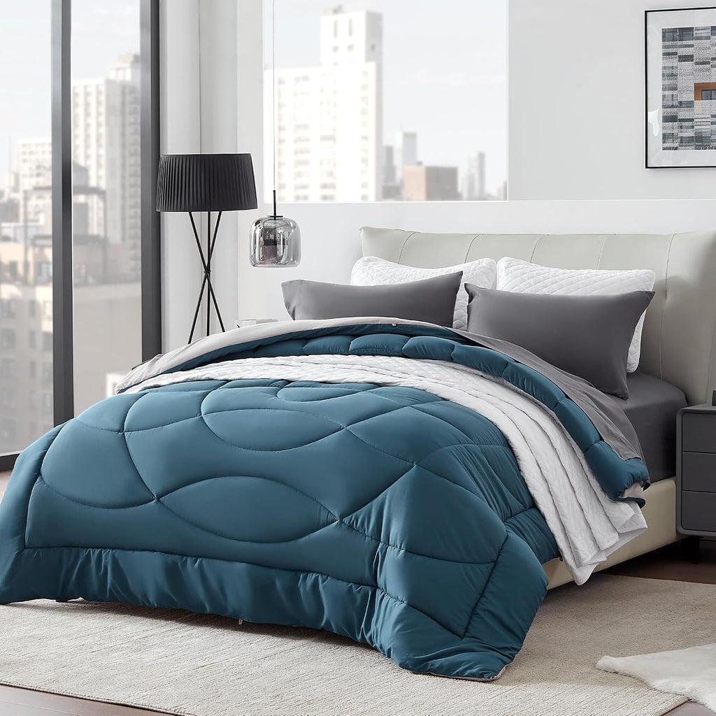 Comforter duvet insert, queen size quilted reversible comforters, soft all season duvet, down alternative breathable bedding with 8 tabs, 2 sides teal gray 88 x 88 inches - view 2