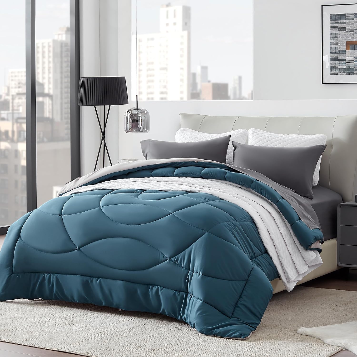 Comforter duvet insert, queen size quilted reversible comforters, soft all season duvet, down alternative breathable bedding with 8 tabs, 2 sides teal gray 88 x 88 inches - view 2