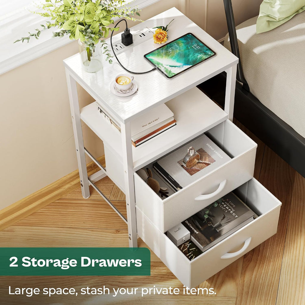 Nightstand with charging station, side table with 2 fabric drawers, end table with open shelf, bedside table with USB-C port and outlets, night stand, PU leather, White - view 5