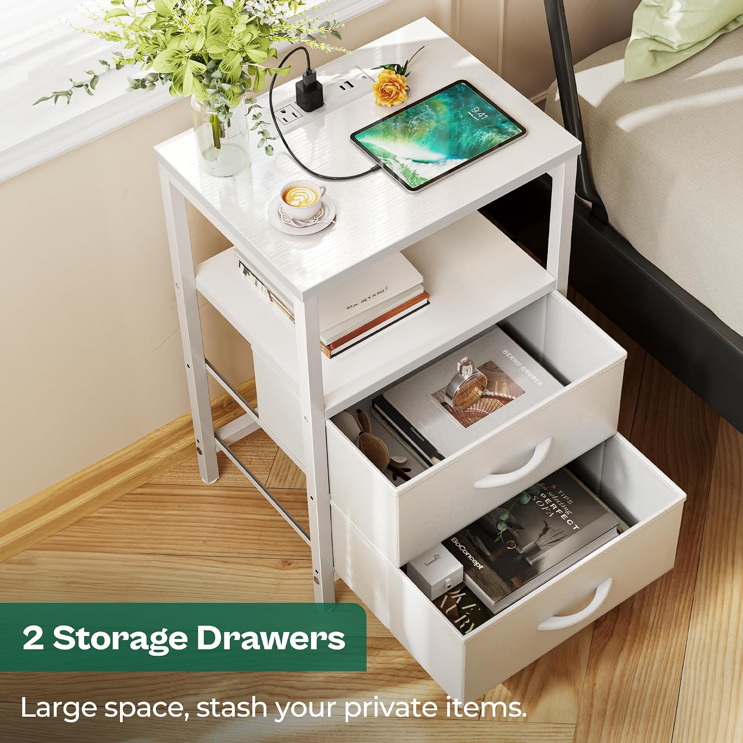 Nightstand with charging station, side table with 2 fabric drawers, end table with open shelf, bedside table with USB-C port and outlets, night stand, PU leather, White - view 5
