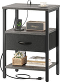 Nightstand with charging station, bed side table with adjustable fabric drawer, night stand for bedroom, 3-tier storage end table, for living room, Charcoal gray