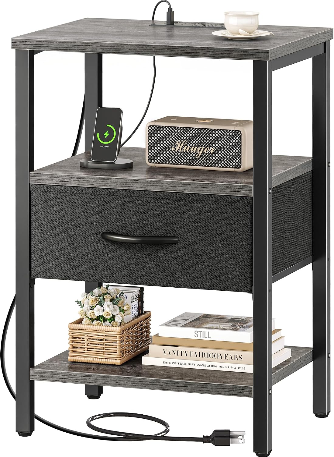 Nightstand with charging station, bed side table with adjustable fabric drawer, night stand for bedroom, 3-tier storage end table, for living room, Charcoal gray