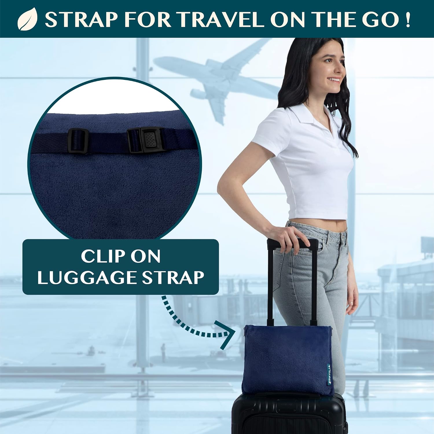 Travel Blanket Pillow, Soft Airplane Blanket 2-IN-1 Combo Set, Plane Blanket Compact Packable, Flight Essentials Car Pillow, Travelers Gifts Accessories Luggage Backpack Strap, 60x43 Navy Blue - view 3