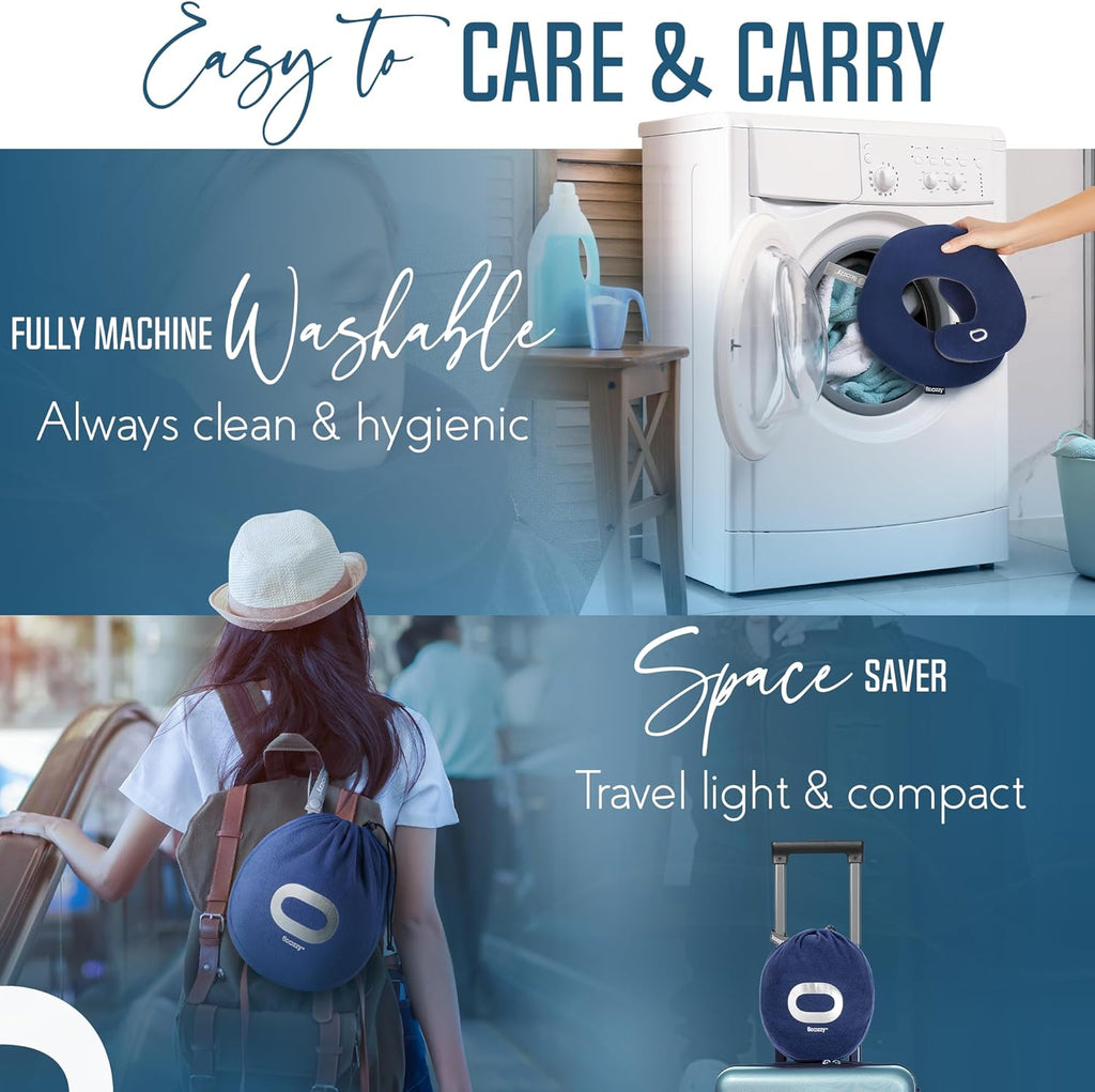 Travel neck pillow for airplane – patented double support for head, neck, and chin. Best for long flights, plane sleeping, and car rides. Adjustable size. Fully washable. Carry bag. Large, navy - view 5