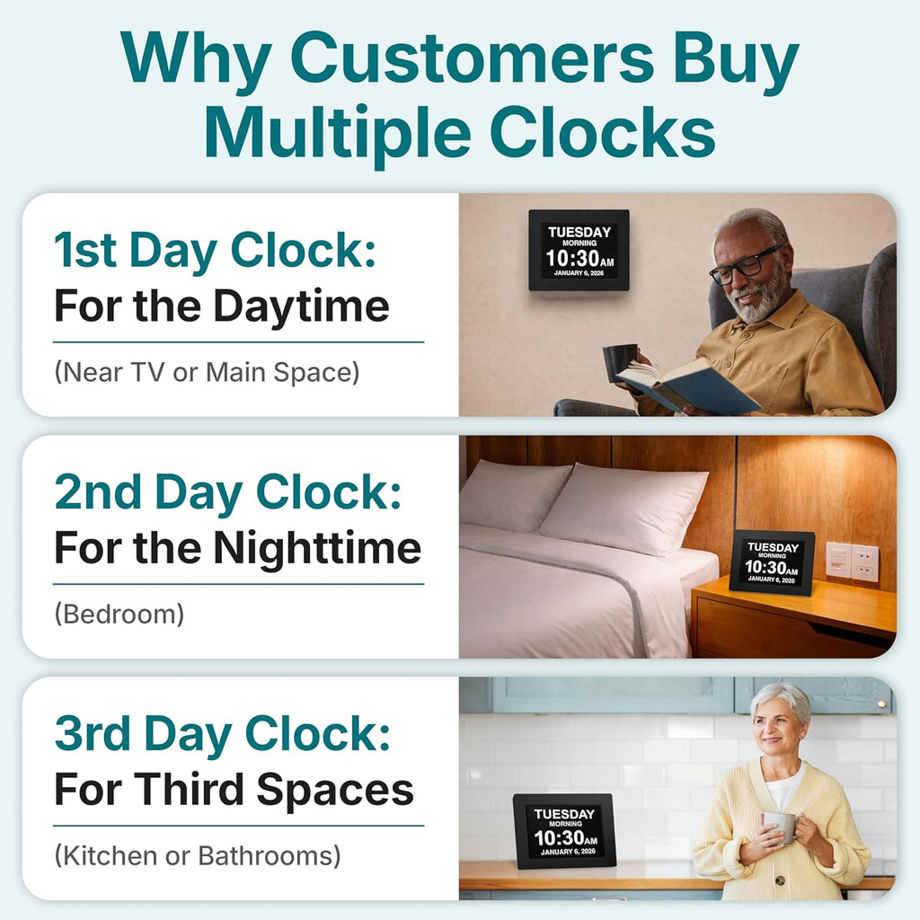 Large digital clock for seniors, large display with custom alarms, calendar clock with day & date for elderly, clear numbers dementia digital clock black - view 5