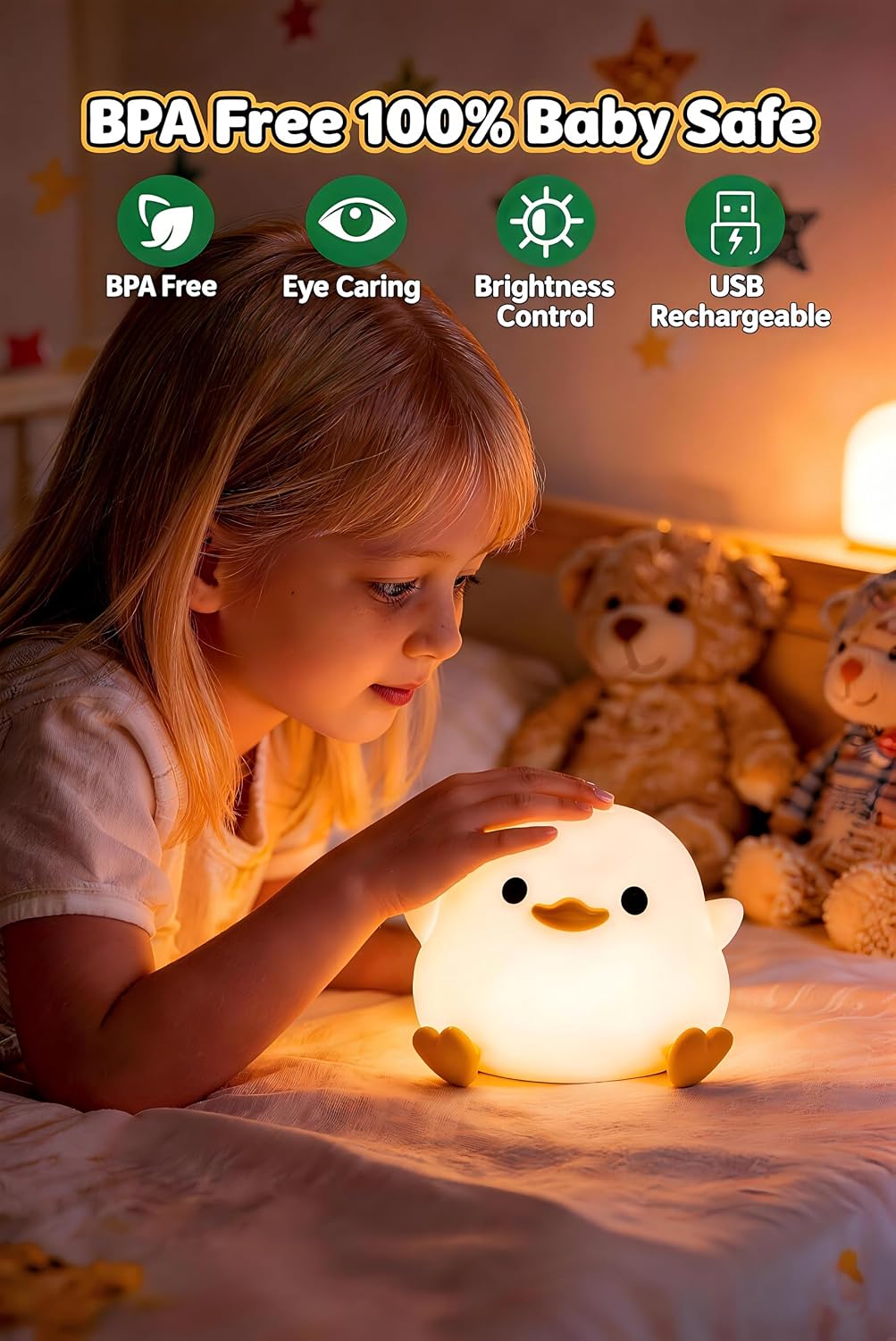 Duck night light, cute duck lamp, silicone dimmable nursery nightlight, rechargeable LED bedside lamp with 20 minutes timer & tap control baby girls women bedrooms, living room - view 2