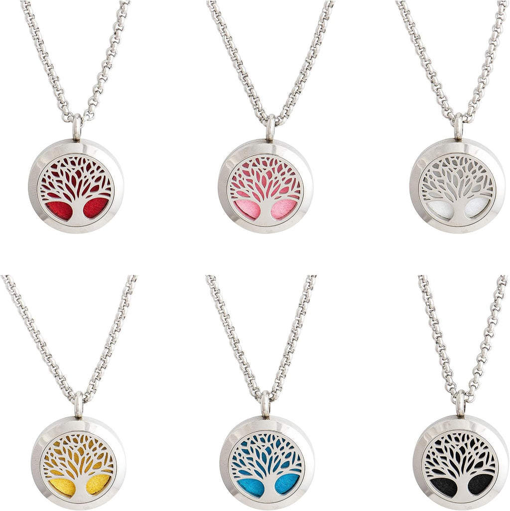 Tree of life essential oil diffuser necklace, stainless steel locket pendant with 24 inch chain, 12 color refill pads, customizable color changing perfume jewelry for aromatherapy - view 3