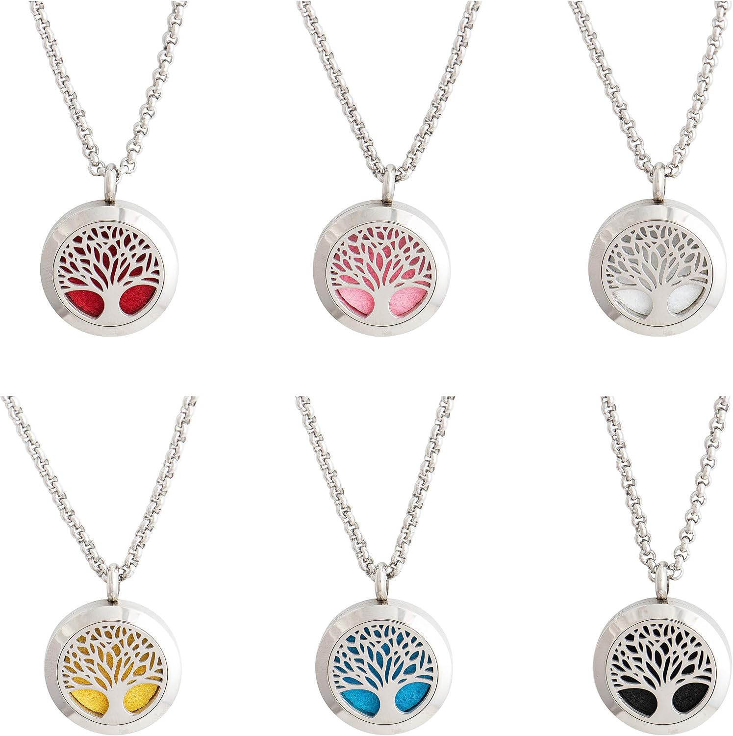 Tree of life essential oil diffuser necklace, stainless steel locket pendant with 24 inch chain, 12 color refill pads, customizable color changing perfume jewelry for aromatherapy - view 3