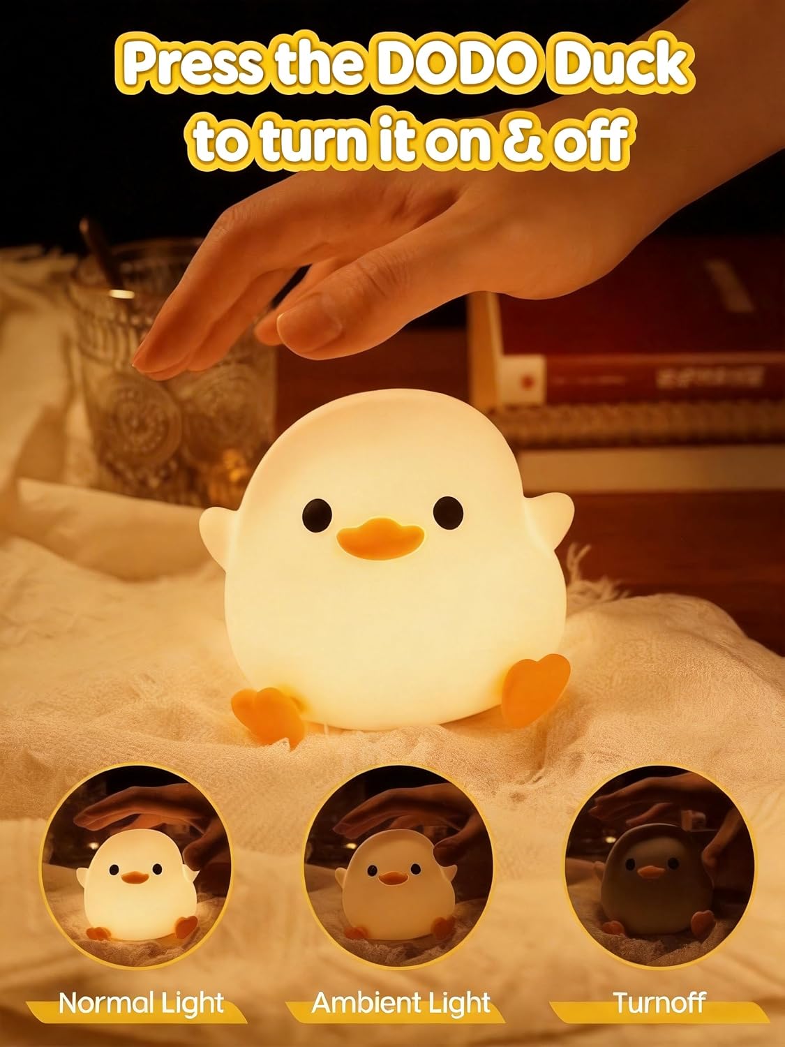 Duck night light, cute duck lamp, silicone dimmable nursery nightlight, rechargeable LED bedside lamp with 20 minutes timer & tap control baby girls women bedrooms, living room - view 5