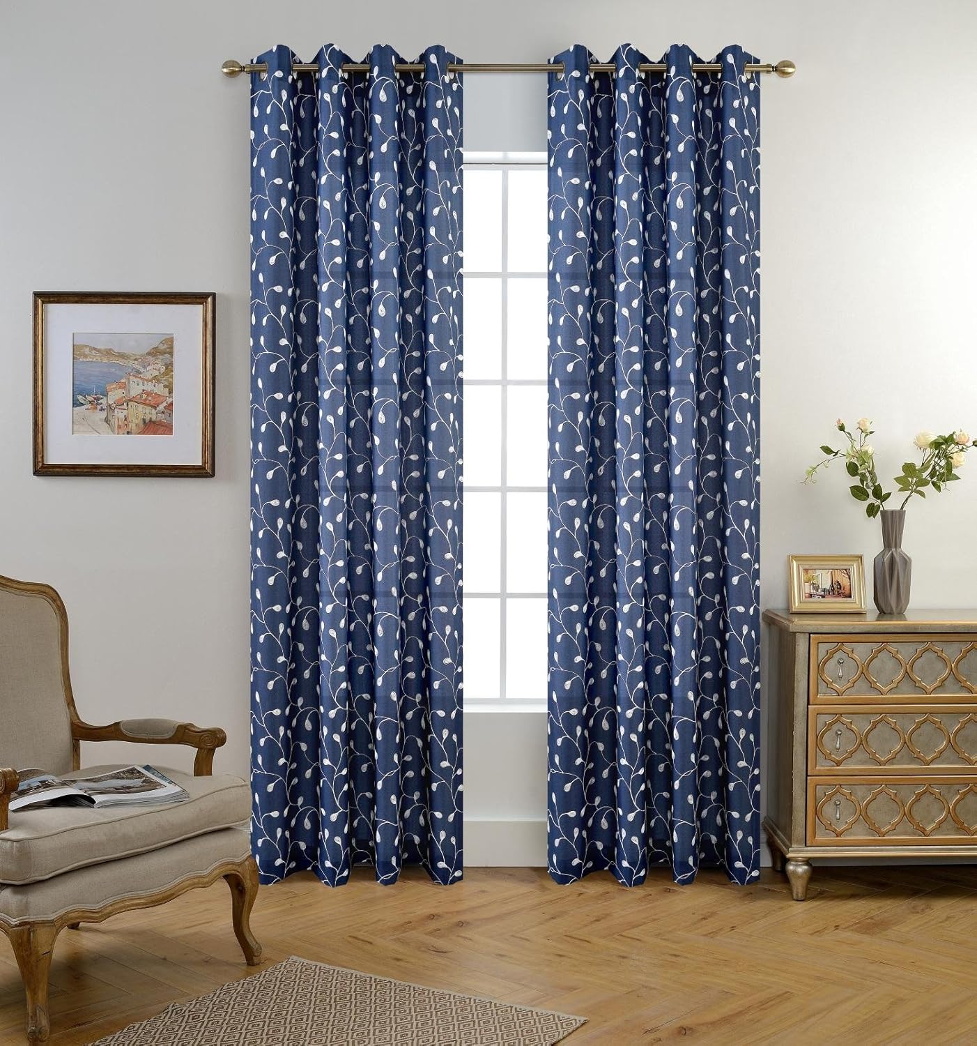 Floral embroidered semi sheer curtains faux linen grommet curtains for bedroom 52 x 84 inch 2 panels, navy blue - view 2