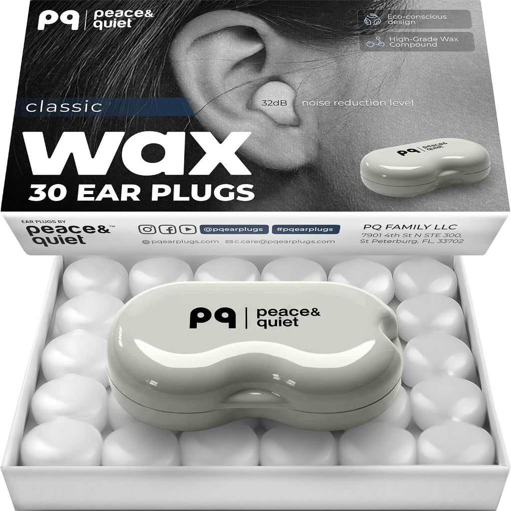 Wax ear plugs for sleeping - 30 silicone wax earplugs for sleeping and swimming, gel ear plugs for noise cancelling, sound blocking level of 32 dB (30 pillows), color: white