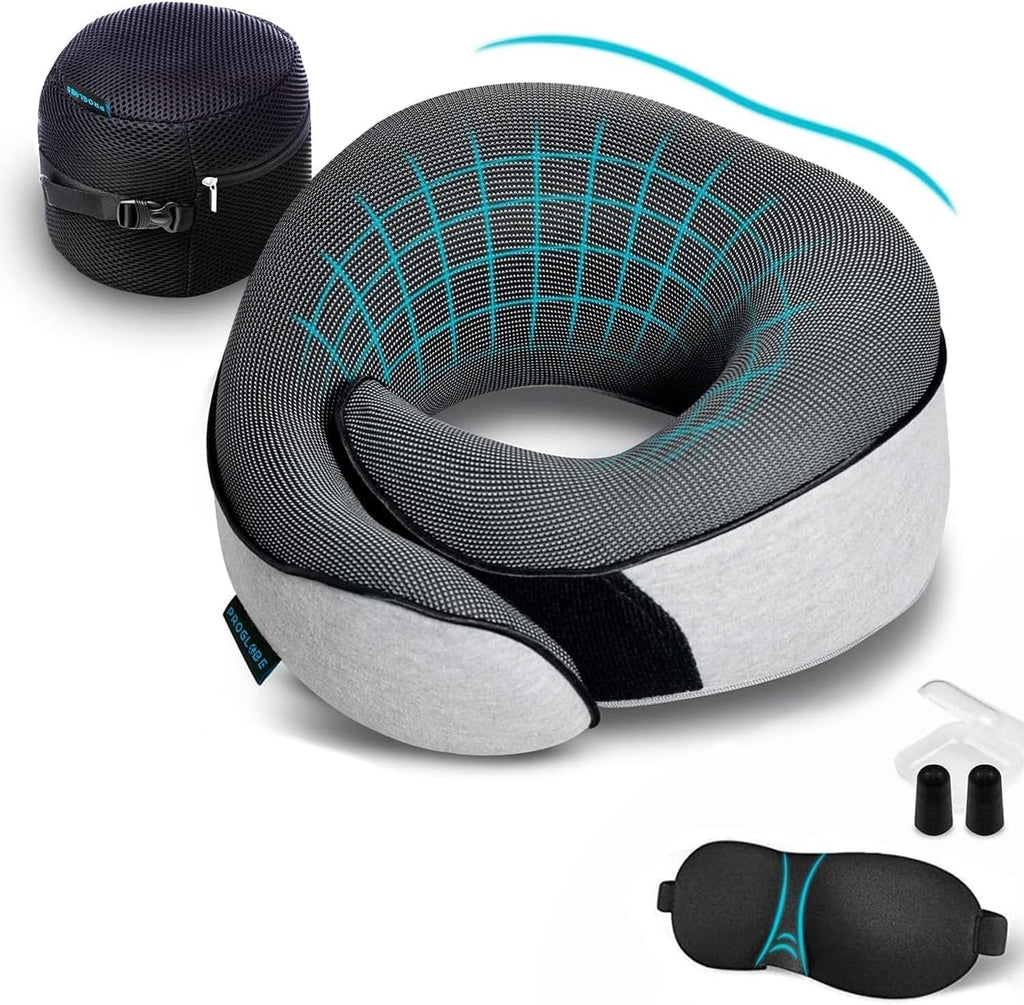 Travel neck pillows for airplanes, sleeping essentials for long haul flights, 360° head support, car and airplane kit with 3D contoured eye mask, earplugs and luxury mesh bag (adult, grey)