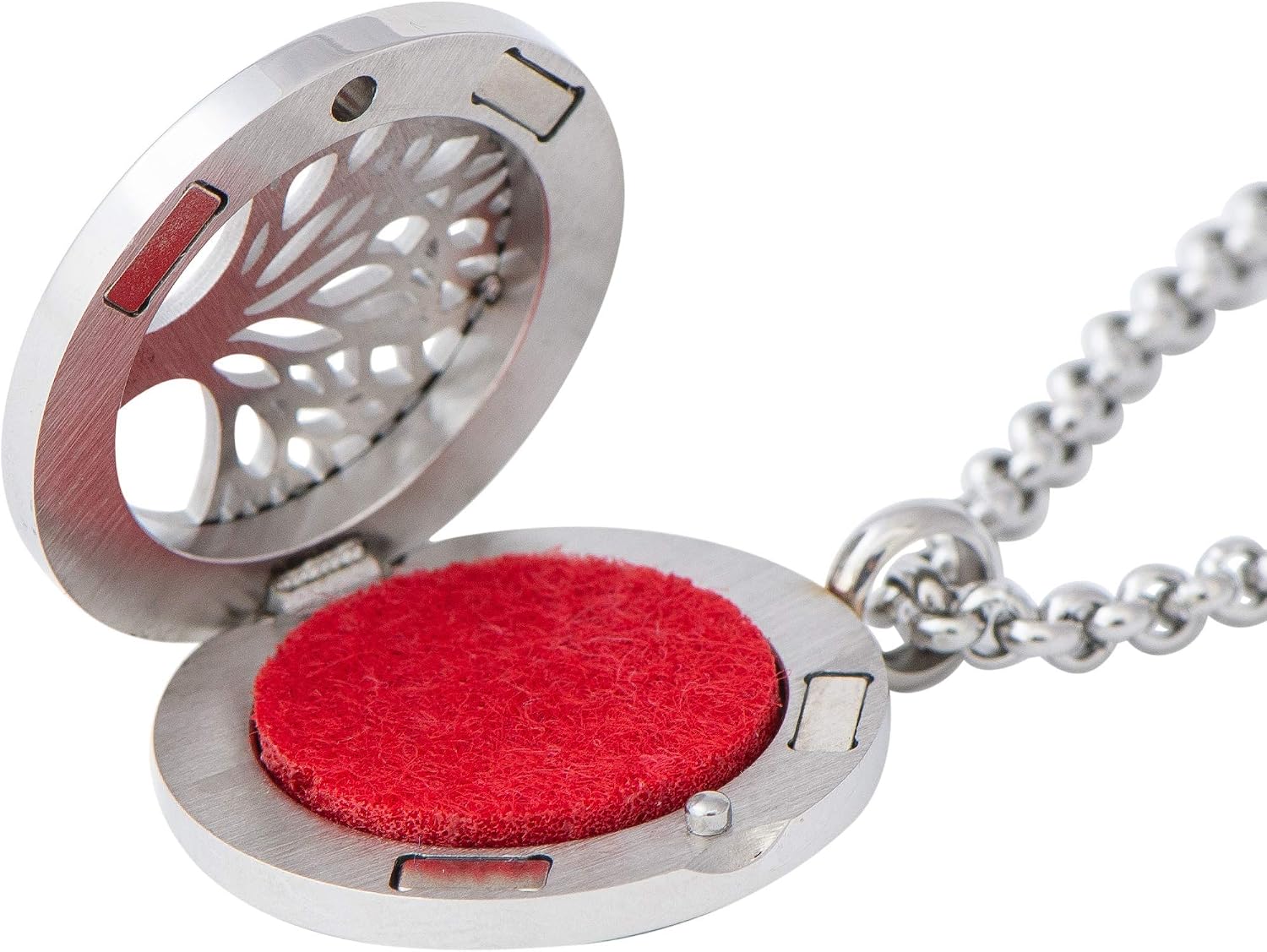 Tree of life essential oil diffuser necklace, stainless steel locket pendant with 24 inch chain, 12 color refill pads, customizable color changing perfume jewelry for aromatherapy - view 7