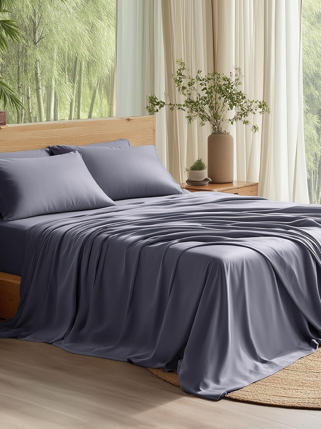100% rayon derived from bamboo queen sheets, 4 pieces | cooling sheets for hot sleepers, breathable & silky soft, 16" deep pocket, hotel luxury bedding, dark grey