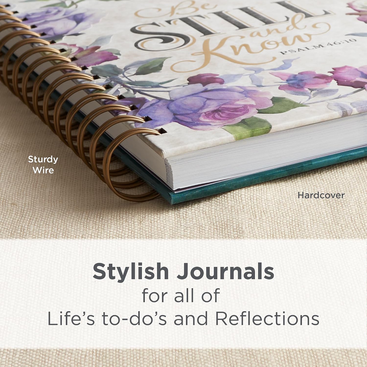 Spiral journal: be still and know - Psalm 46:10 | women gifts, hardcover notebook, wide ruled notebook, christian journal, 192 lined pages, floral, purple (8.4" x 6.4" x 1") - view 5