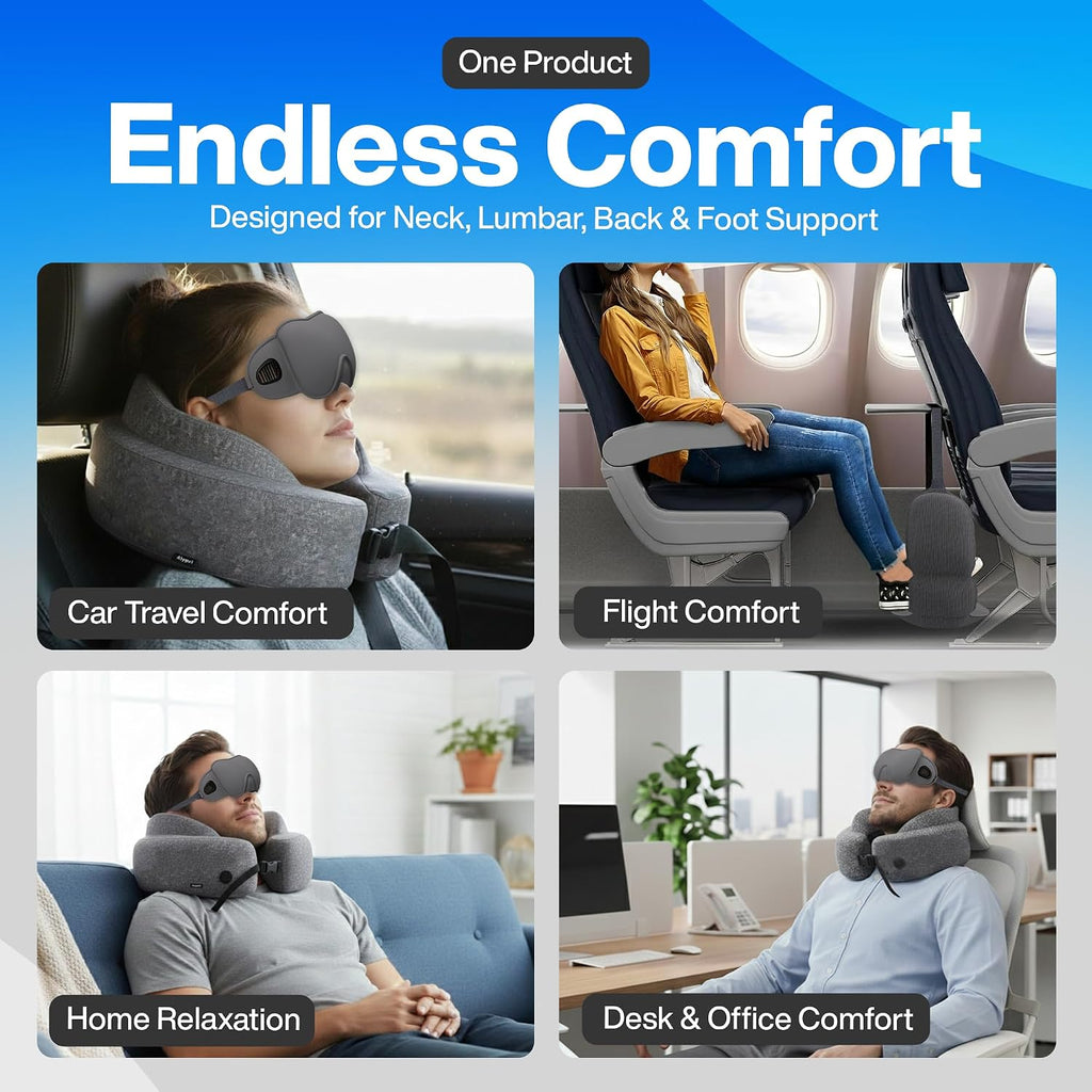 4-in-1 Travel Comfort Set Inflatable Neck Pillow, Convertible Lumbar Support & Foot Hammock, 3D Sleep Mask & Ear Plugs Complete Comfort Kit for Airplane, Office & Car Gift-Ready (Gray) - view 7