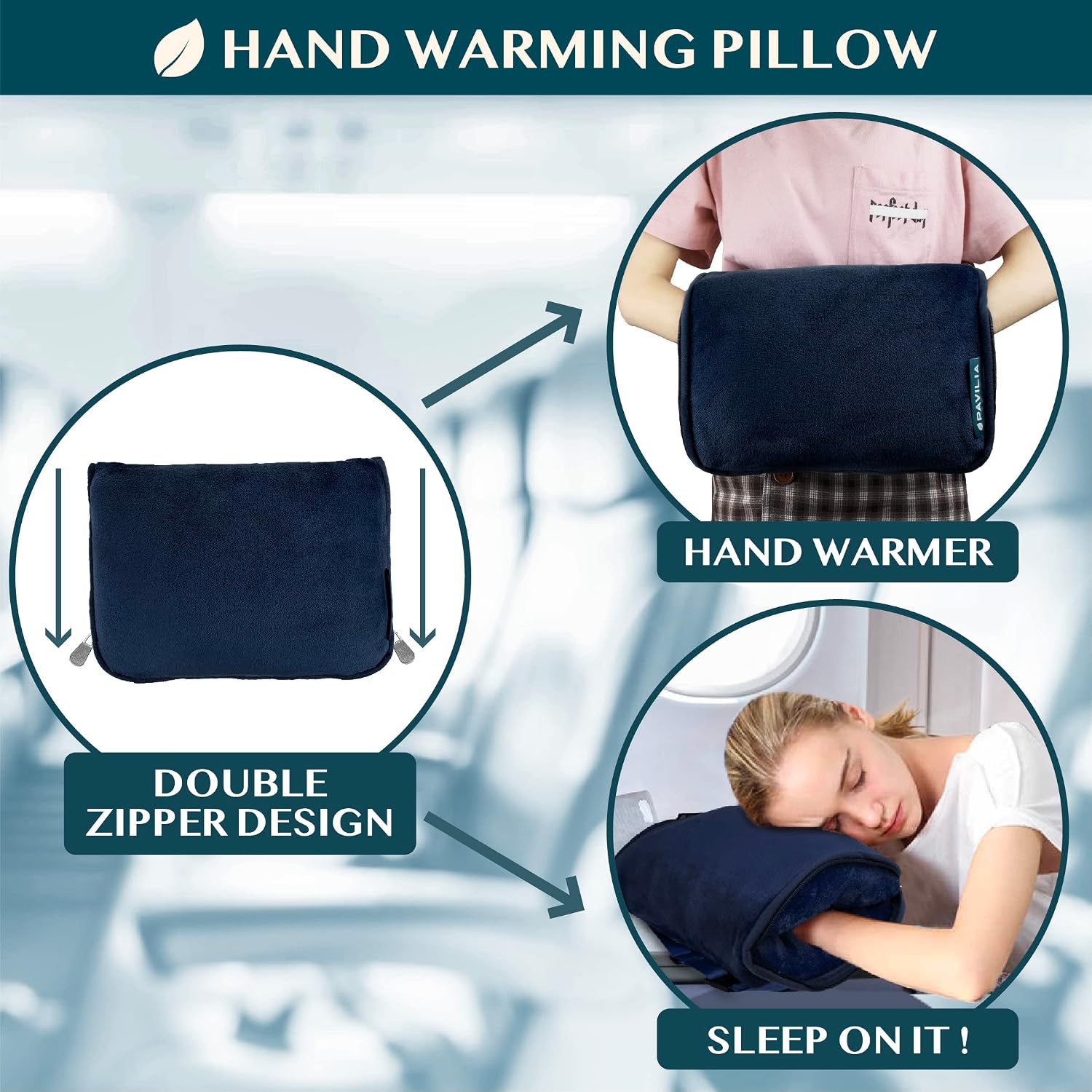 Travel Blanket Pillow, Soft Airplane Blanket 2-IN-1 Combo Set, Plane Blanket Compact Packable, Flight Essentials Car Pillow, Travelers Gifts Accessories Luggage Backpack Strap, 60x43 Navy Blue - view 4
