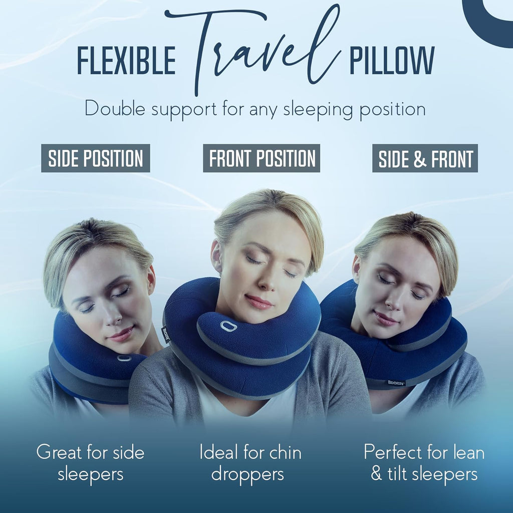 Travel neck pillow for airplane – patented double support for head, neck, and chin. Best for long flights, plane sleeping, and car rides. Adjustable size. Fully washable. Carry bag. Large, navy - view 2